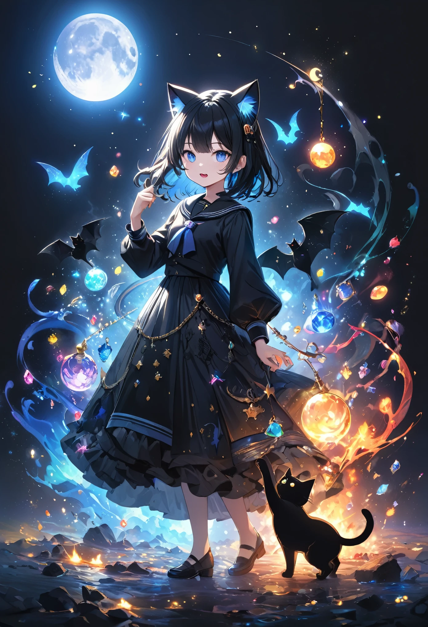 Marine Sailor、Black Wings、Black Crown、girl、whole body、Black Hair、Cute black cat ears、beautiful青い目、Black Crown、Black and blue vampire wings、Glare、Also々funny Face、beautiful、blue Moon、Lots of sparkling lights、gem、Lots of blue light、Fantasy black cat，AmbiLight，The colors are vibrant and bright，Black background，mist，Detailed Description，Rich details，An explosion of imagination，Surreal，Ultra-realistic，masterpiece，8k，Light，Tyndall effect