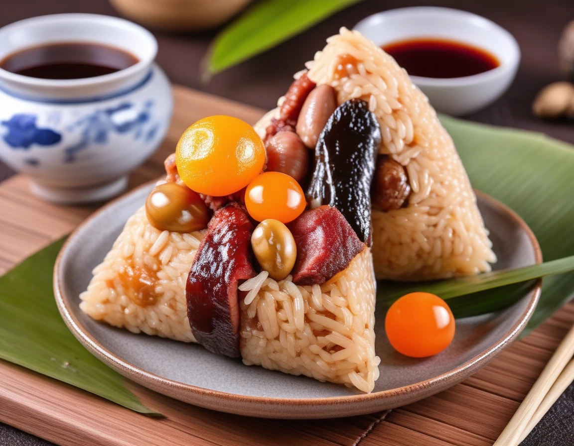 Delicious Chinese zonzanaked on a plate, Pour the sauce on top. zonzanaked carefully wrapped, There may be bamboo leaves, and the texture of the sticky rice and fillings is visible . The scene can be a dining table or restaurant environment, With appropriate tableware and decorations. The scene should be as realistic as a high-resolution photo, Warm and inviting lighting highlights zonzanaked details ,rice,meat,chestnut,peanut,cat