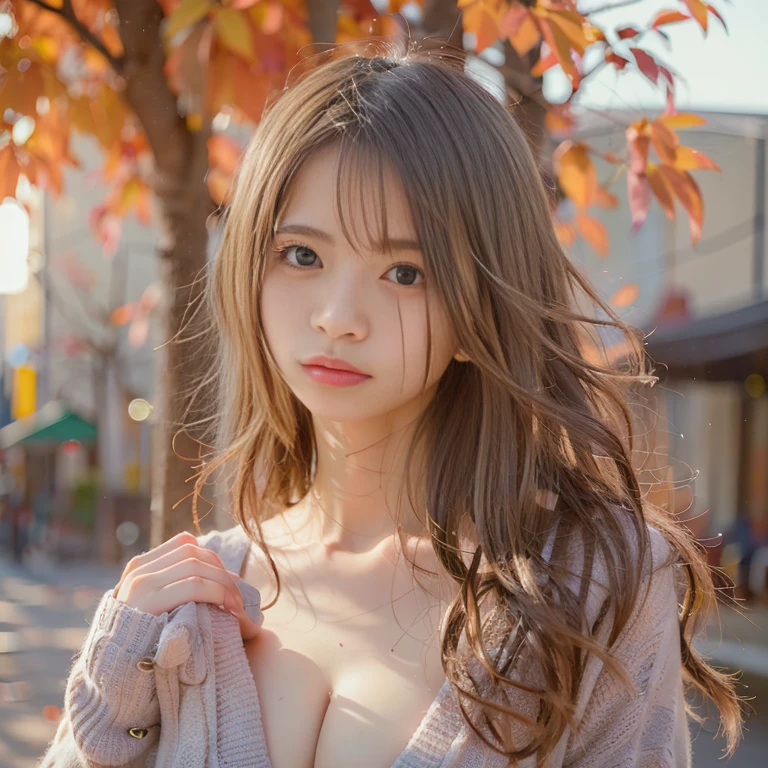 1 girl、Autumn foliage、tree lined street、upper part of the body、ginkgo、closeup、(((Full nudity)))、long cardigan、smile、、(8K、raw photo、top quality、masterpiece:1.2)、(realistic인、photoreal stick:1.37)、Highly detailed eyelash drawing、(((Best image quality))),giant 、good skin, (beautiful hair), (Perfect Anatomy), (realistic), (dynamic angle), seductive pose,Perfect,Sensuous expression、top quality、highest resolution、