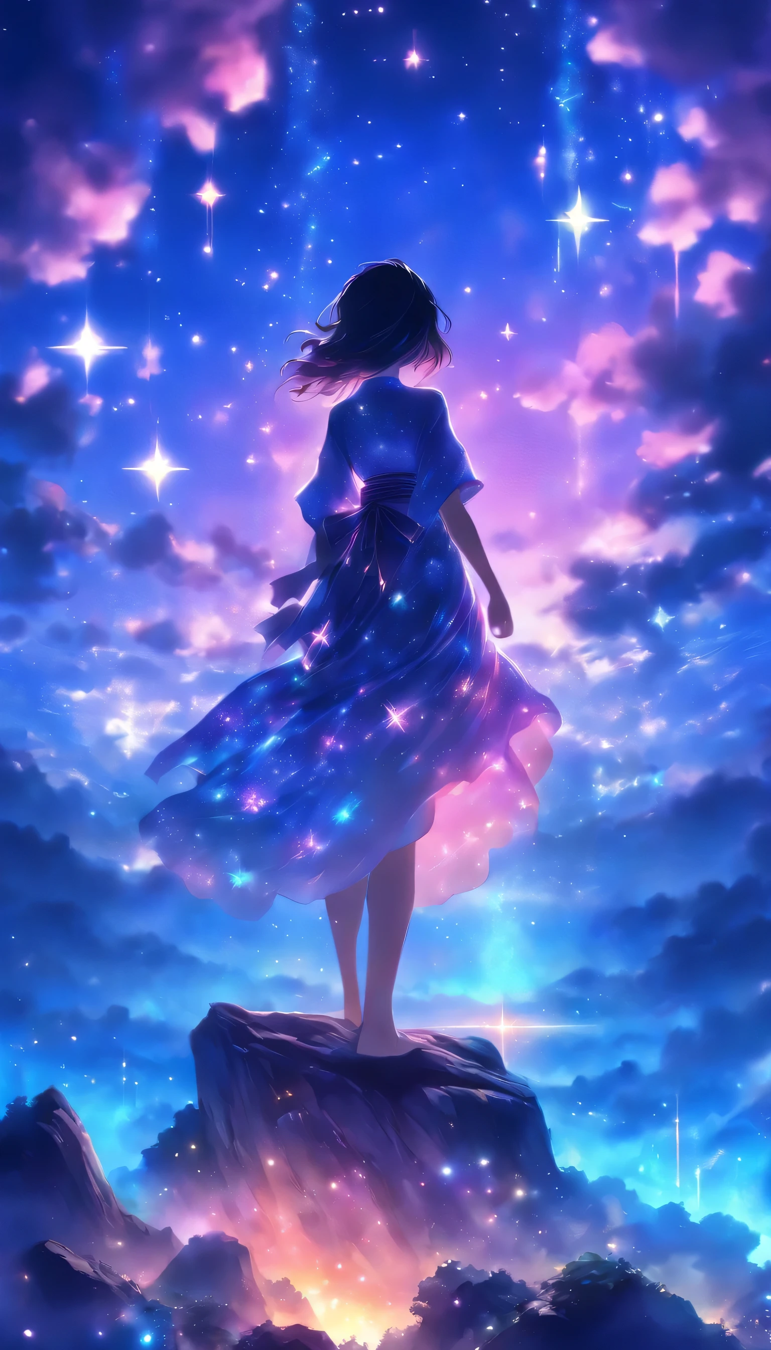 Standing on a rock in a beautiful dress、Anime girl looking at the star-filled sky, Makoto Shinkai Cyril Rolando, anime art wallpaper 4k, anime art wallpaper 4k, Anime Art Wallpapers 8K, Space Sky. by makoto shinkai, Inspired by Cyril Rolland, Dan Mumford&#39;s Artwork Style, Awesome Wallpapers, by Yuumei