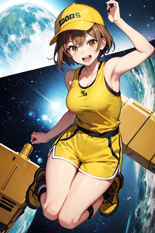 Anime drawings、Full body portrait、Space Sci-Fi Soldier、A female soldier, about 24 years old, about 160cm tall, running, wearing a yellow tank top and shorts、Laughing with mouth open、Wearing a yellow cap on his head、Short medium hairstyle、Brown Hair、Brown eyes、sports boots