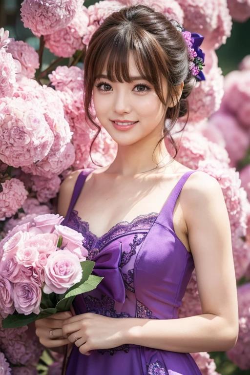 Medium display, Medium Shot, Written boundary depth, bust, Upper Body, Movie angle, masterpiece, highest quality, Very detailed, CG, 8k wallpaper, Beautiful Face, Delicate eyes, Otome, alone, smile, bangs, have,Purple Dress, bow, petal, bouquet