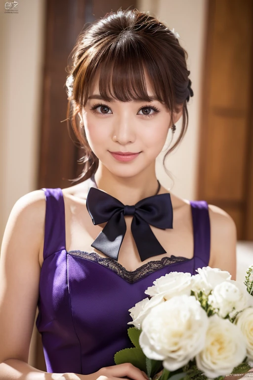 Medium display, Medium Shot, Written boundary depth, bust, Upper Body, Movie angle, masterpiece, highest quality, Very detailed, CG, 8k wallpaper, Beautiful Face, Delicate eyes, Otome, alone, smile, bangs, have,Purple Dress, bow, petal, bouquet