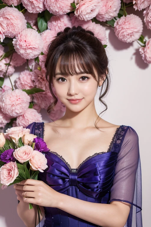Medium view, medium shot, Depth of bounds written, bust, Upper body, cinematic angle, masterpiece, highest quality, Super detailed, cg, 8k wallpaper, beautiful face, delicate eyes, maiden, alone, smile, bangs, skirt, shirt, have, purple dress, bow, petal, bouquet
