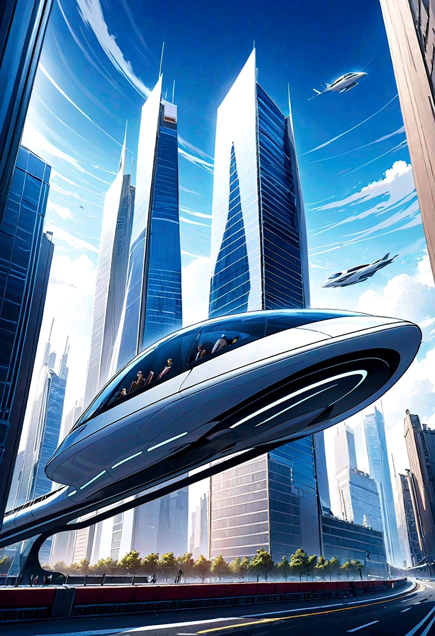 tower,fact,A futuristic city scene filled with incredible technological wonders. Skyscrapers rise above the clouds, With a stylish and modern design. Streamlined blending, bending, Engineered architectural structures using reflective materials and glass curtain walls create fascinating futuristic landscapes. on the street, Amazing floating transport vehicle glides at high speeds, Such as flying cars or maglev trains, Exudes a high-tech look,Flying in the urban airspace style:photography