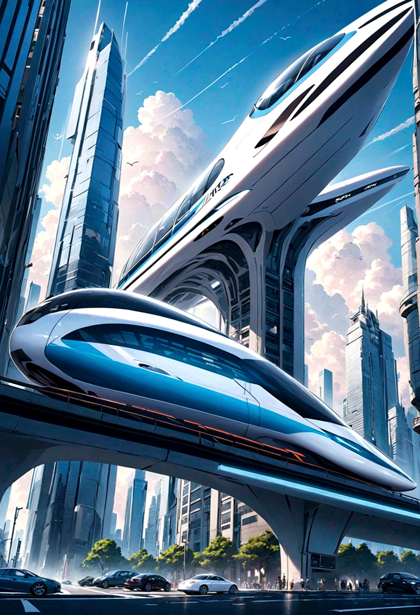 tower,fact,A futuristic city scene filled with incredible technological wonders. Skyscrapers rise above the clouds, With a stylish and modern design. Streamlined blending, bending, Engineered architectural structures using reflective materials and glass curtain walls create fascinating futuristic landscapes. on the street, Amazing floating transport vehicle glides at high speeds, Such as flying cars or maglev trains, Exudes a high-tech look,Flying in the urban airspace style:photography