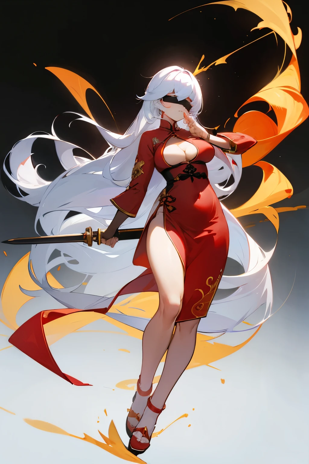 White long hair, blindfolded by a wide black strip of cloth, full body picture with sword in hand, blank background, plump young woman, wearing red cheongsam with golden lines on the cheongsam, exposing cleavage, standing frontally