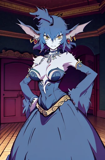 masterpiece, best quality, absurdres, 1girl hwolfie , [ballgown|edgmarquise], edgmarquise, wearing a ballgown, looking at viewer, bare shoulders, breasts, dress, earrings, jewelry, pearl necklace, solo, contrapposto, standing, hand on own hip, angry frown fangs out indoors smile, full body, corsept