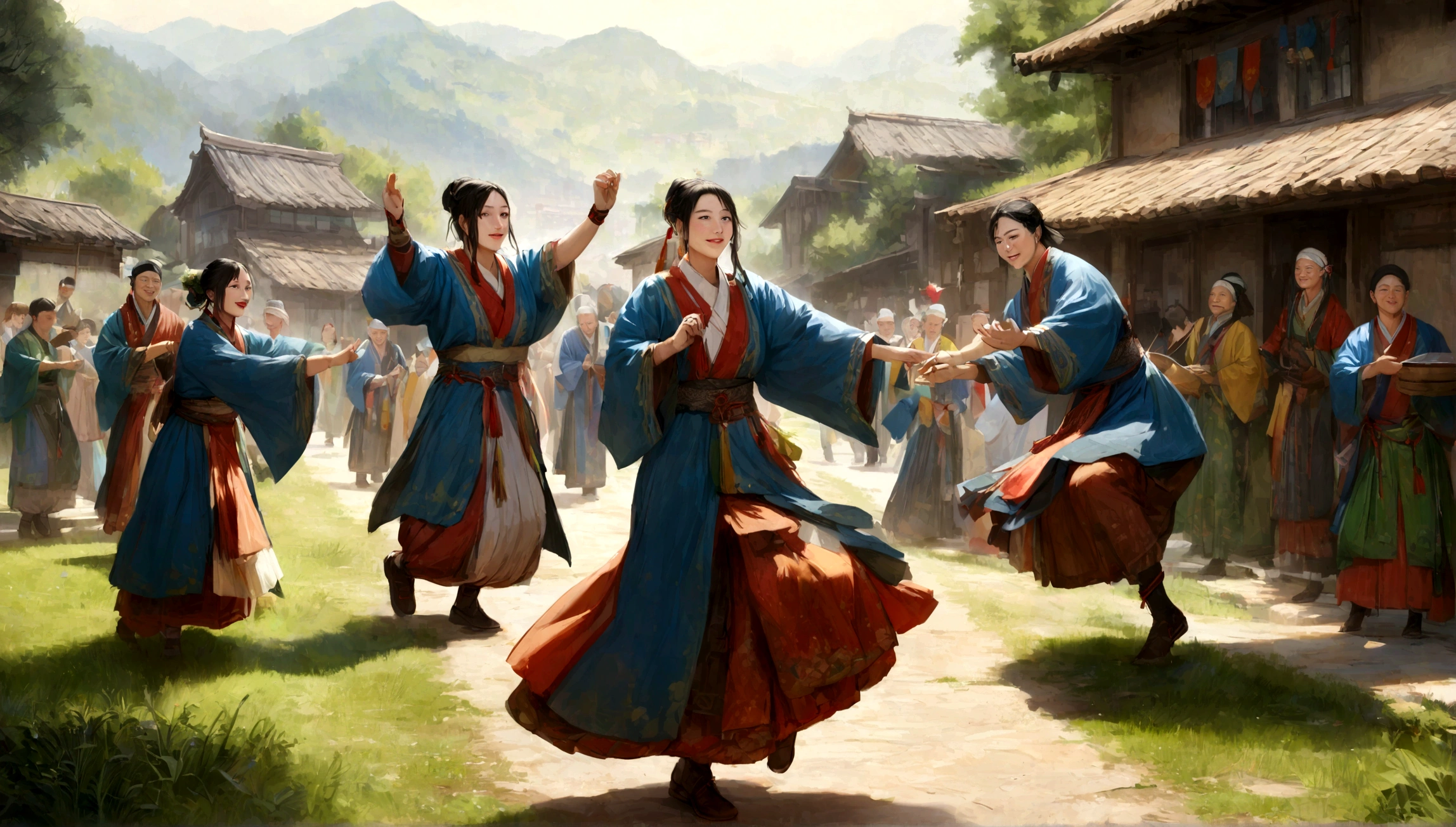 Best quality,Realistic:1.37),Zhuang culture,Traditional clothing,Beautiful detailed eyes,beautiful detailed lips,long eyelasher,strong facial features,,zona rural,,Village,Happy people,Celebrate the holidays,Traditional musical instruments,Traditional dance,traditional architecture,,Colorful costumes,Blue costume for handsome boy,short detailed hair,,Scenic beauty,sunlit surroundings,a joyful atmosphere,Traditional festivals,Serene countryside,Monotonous style,Tano