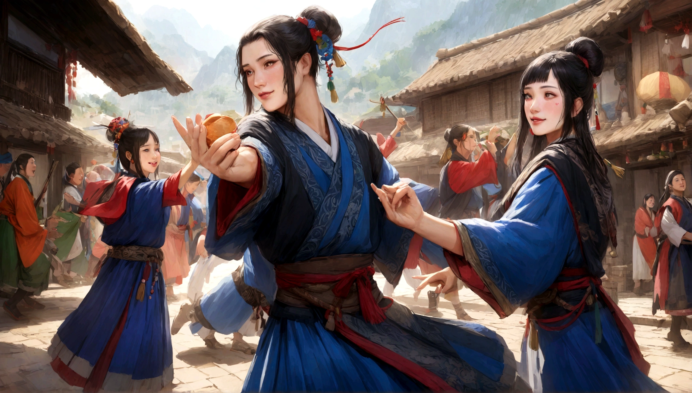 Best quality,Realistic:1.37),Zhuang culture,Traditional clothing,Beautiful detailed eyes,beautiful detailed lips,long eyelasher,strong facial features,,zona rural,,Village,Happy people,Celebrate the holidays,Traditional musical instruments,Traditional dance,traditional architecture,,Colorful costumes,Blue costume for handsome boy,short detailed hair,,Scenic beauty,sunlit surroundings,a joyful atmosphere,Traditional festivals,Serene countryside,Monotonous style,Tano