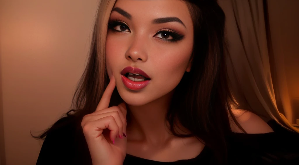 there is a woman with a black shirt and a pink lip, she has a cute face, she has a cute expressive face, tongue out, sexy look at the camera, sexy face with full makeup, cute silly face, thick lips, small lips pointy nose, sexy face, very high quality face, detailed flawless face, perfectly lit face, pouty lips