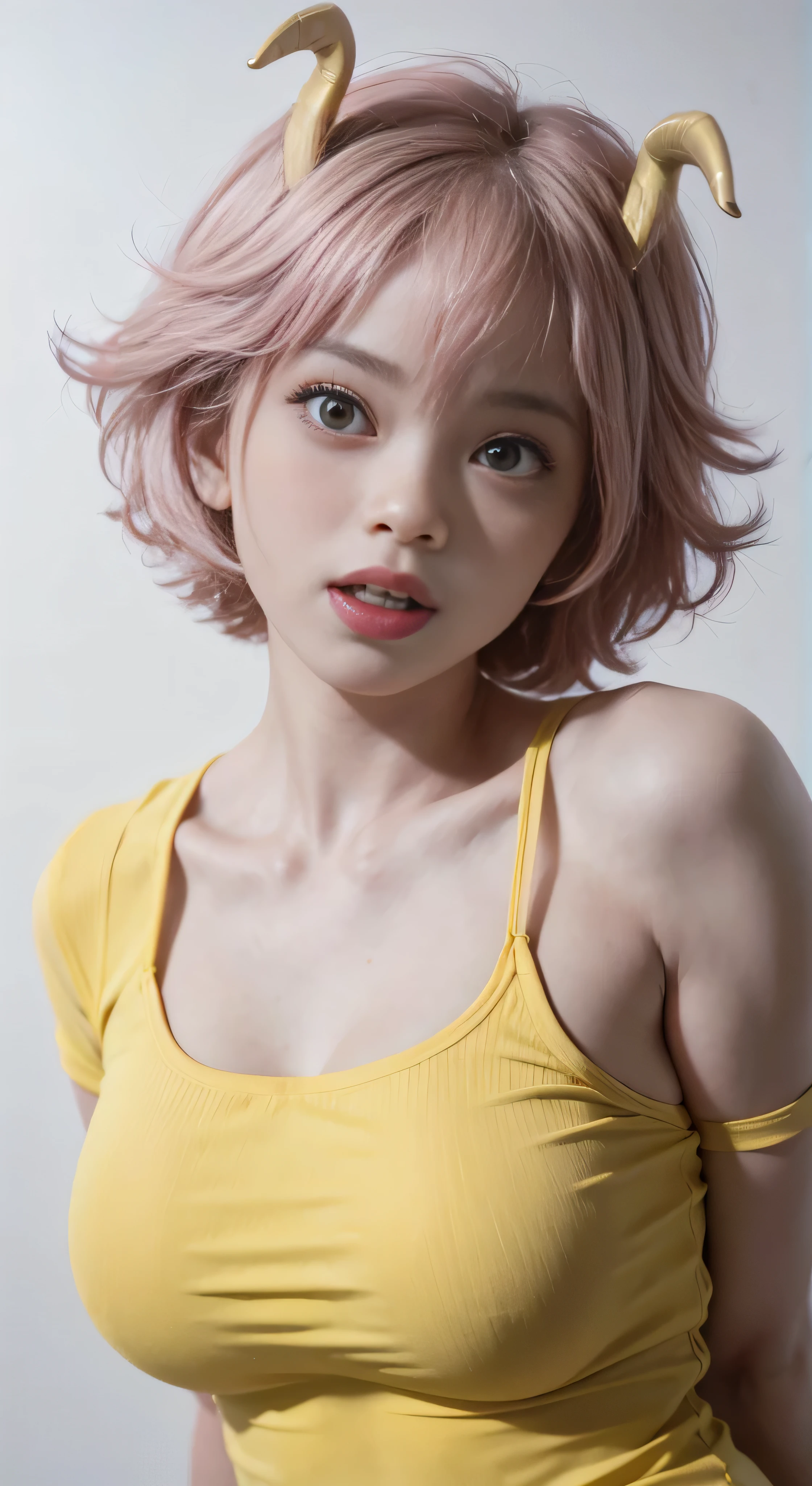 mina ashido, 1girl, solo, breasts, short hair, medium breasts, shirt, white background, collarbone, yellow eyes, upper body, pink hair, short sleeves, horns, teeth, colored skin, blue shirtteeth, happy, colored sclera, emphasis lines, black sclera, pink skin