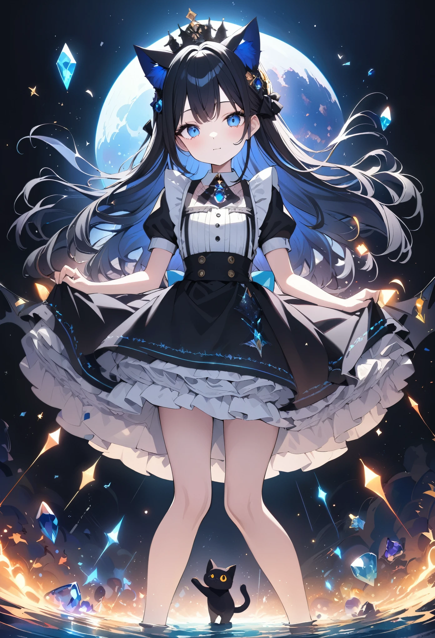 Maid、Black Wings、Black Crown、girl、whole body、Black Hair、Cute black cat ears、beautiful青い目、Black Crown、Black and blue vampire wings、Glare、Also々funny Face、beautiful、blue Moon、Lots of sparkling lights、gem、Lots of blue light、Fantasy black cat,AmbiLight,The colors are vibrant and bright,Black background,mist,Detailed Description,Rich details,An explosion of imagination,Surreal,Ultra-realistic,masterpiece,8k,Light,Tyndall effect