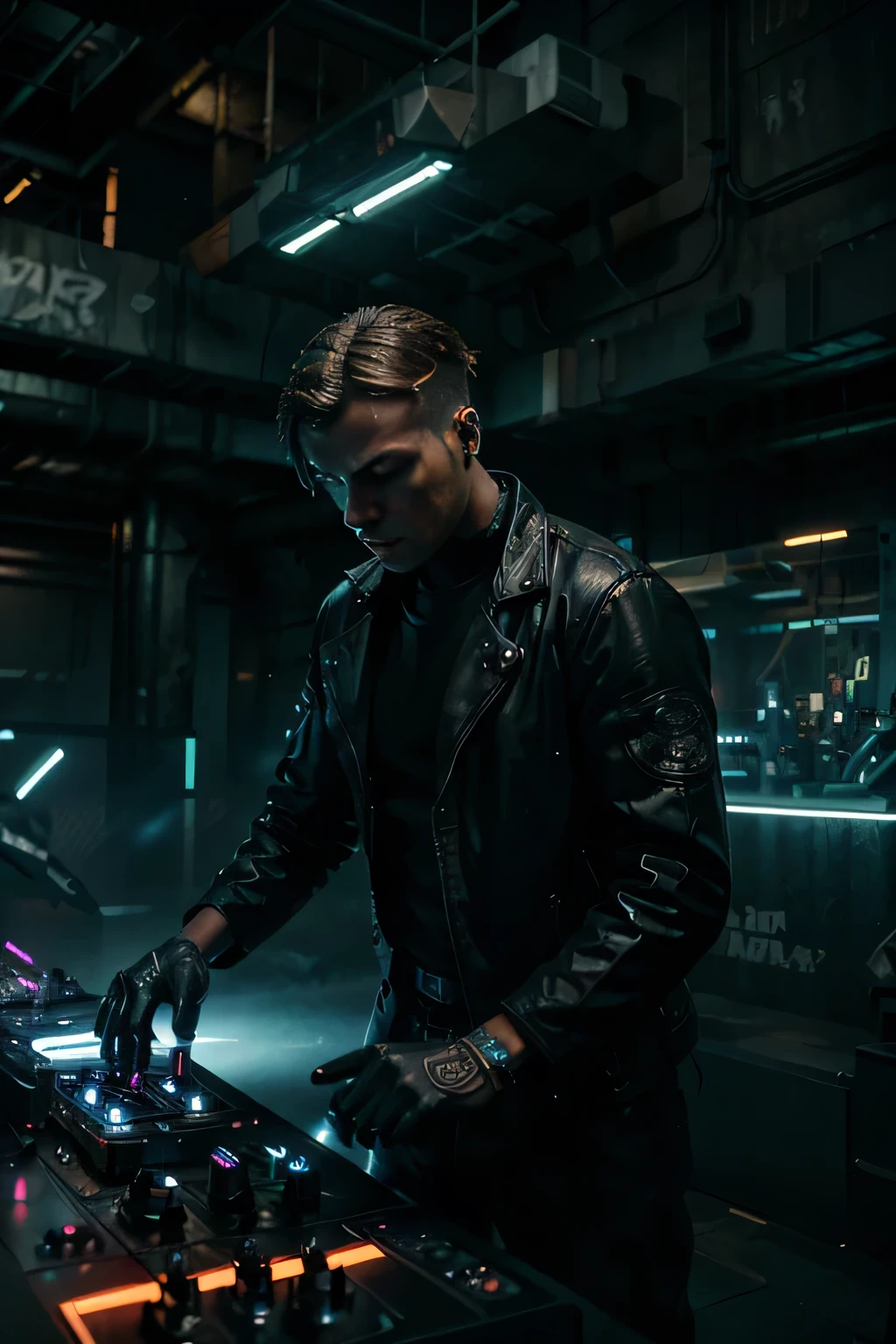 A male DJ in a futuristic, industrial setting, playing music amidst neon lights, with a transhumanist aesthetic.

1 male DJ, industrial, transhumanism, neon lights, playing music, futuristic, electronic music, cyberpunk, hyper-detailed, cinematic lighting, dramatic, moody atmosphere, volumetric fog, glowing displays, holographic effects, advanced technology, mechanical elements, metallic textures, gritty, dystopian, high contrast, saturated colors, bioluminescent accents, intricate details, photorealistic