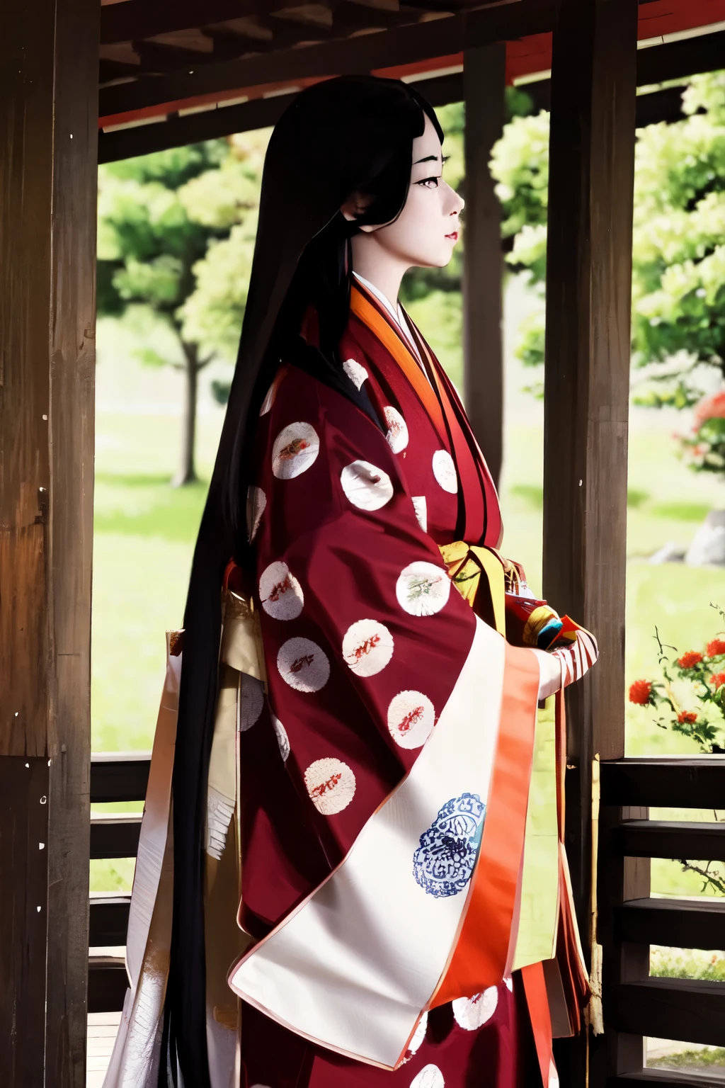 (masterpiece, best quality:1.2), 1girl, juni-hitoe, solo, very long black hair, dark-red hakama, holding hiogi, blur the background, blank background,
