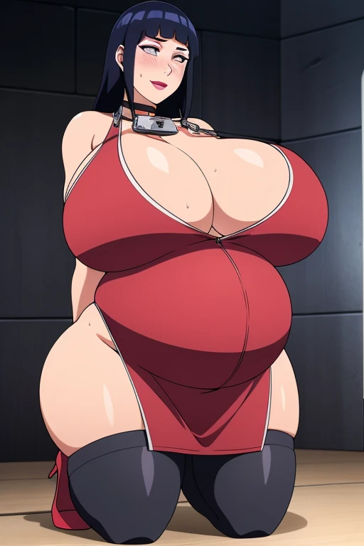 high resolution, hinata hyuga, 1 girl, ((bimbo))), long black hair, puffy lips, painted lips, thick lips, wide hips, thick thighs, huge ass, sexy face, lust eager face, huge huge breasts natural, revealing cleavage, mature mother, soft breasts, sagging and thick breasts, shaking breasts, kneeling woman, full body, red dress, red stockings, red heels, sweaty body, excited face, blushing, mouth full of milk, chained, submissive, tied, gagged, tied hands and feet, Subdued, excited expression, Pregnant, ((giant tits, big breasts to the floor)) (((woman in dark dungeon chained)))