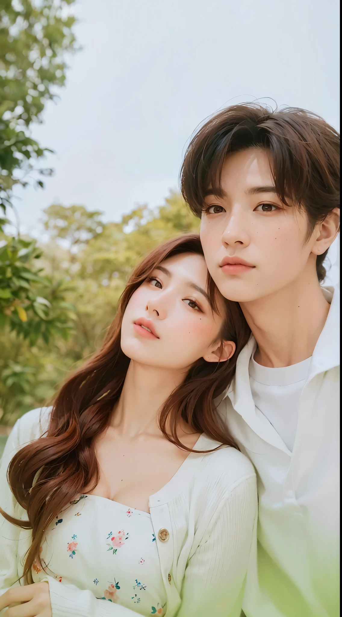 Modern. Korean style. Elegant couple, handsome boy and beautiful girl. Dark hair color. Very deatiled face. pretty eyes (perfect eyes). 8K resolution. Masterpiece. Romantic, love, glowing light. Petals. Smile, Korean Style, staring at each other