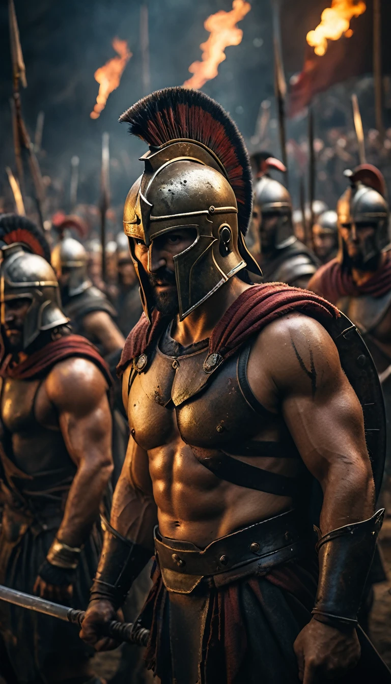 Cinematic style, Create a detailed image of the annual Spartan event, featuring a massive arena where the best Spartan warriors and the bravest Helot slaves prepare to battle to the death, background dark, hyper realistic, ultra detailed hyper realistic, photorealistic, Studio Lighting, reflections, dynamic pose, Cinematic, Color Grading, Photography, Shot on 50mm lens, Ultra-Wide Angle, Depth of Field, hyper-detailed, beautifully color, 8k