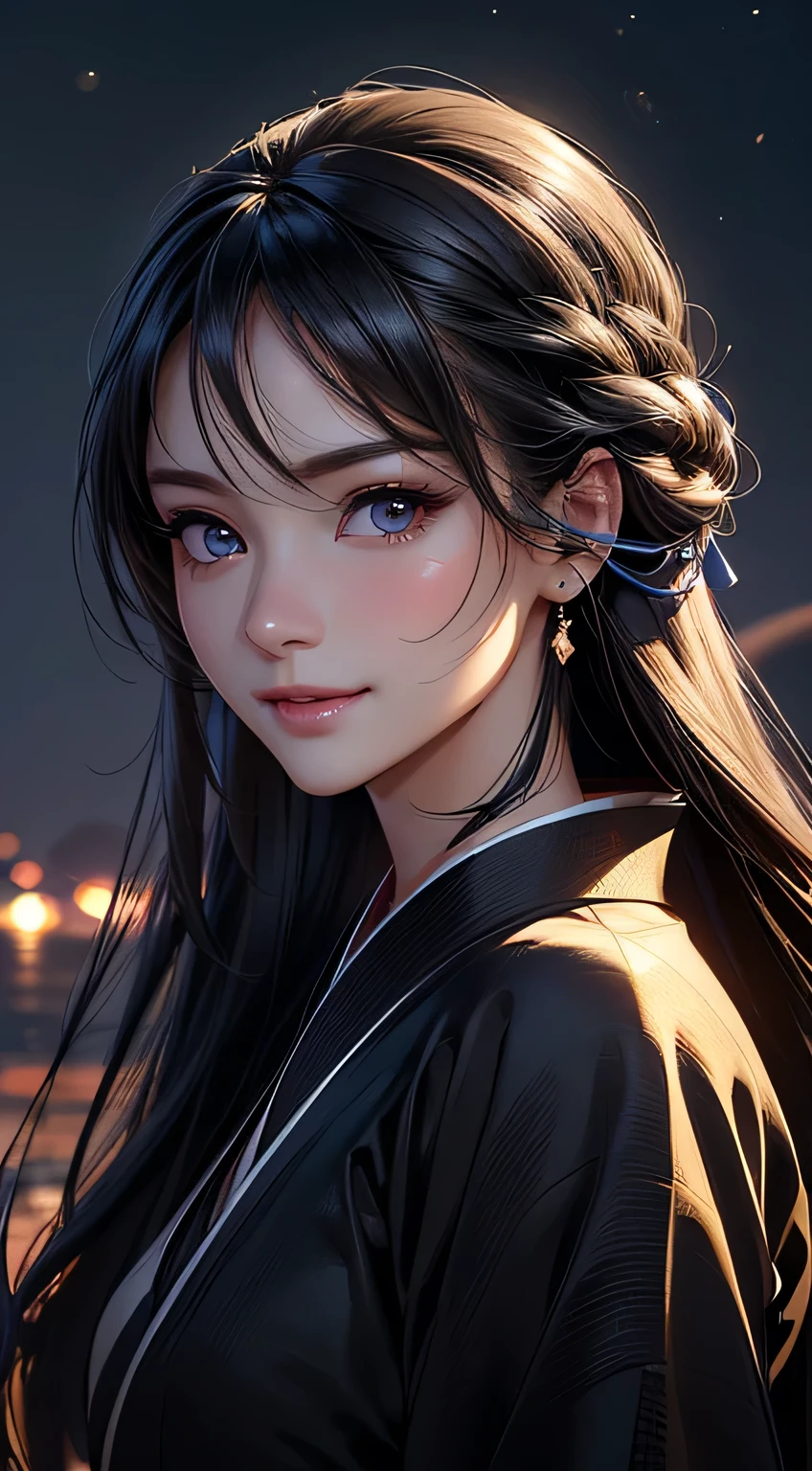 Beautiful woman in kimono,Body Portrait、8k,Beautiful details in the eyes,Dindal effect、masterpiece, 最high quality, high quality, High resolution、Super detailed photos、(Natural skin texture、Detailed skin、Hyperrealism、Ultra Sharpness)、Skin with attention to detail、(Very detailed、Detailed skin texture、Intricate details、Beautiful Face、(A vivid face)、Realistic eyes、Beautiful and fine details、Realistic Skin、Beautiful skins、Surreal、Very detailed、Golden Ratio、With a smile、((Night moonlight background))、Body Portrait