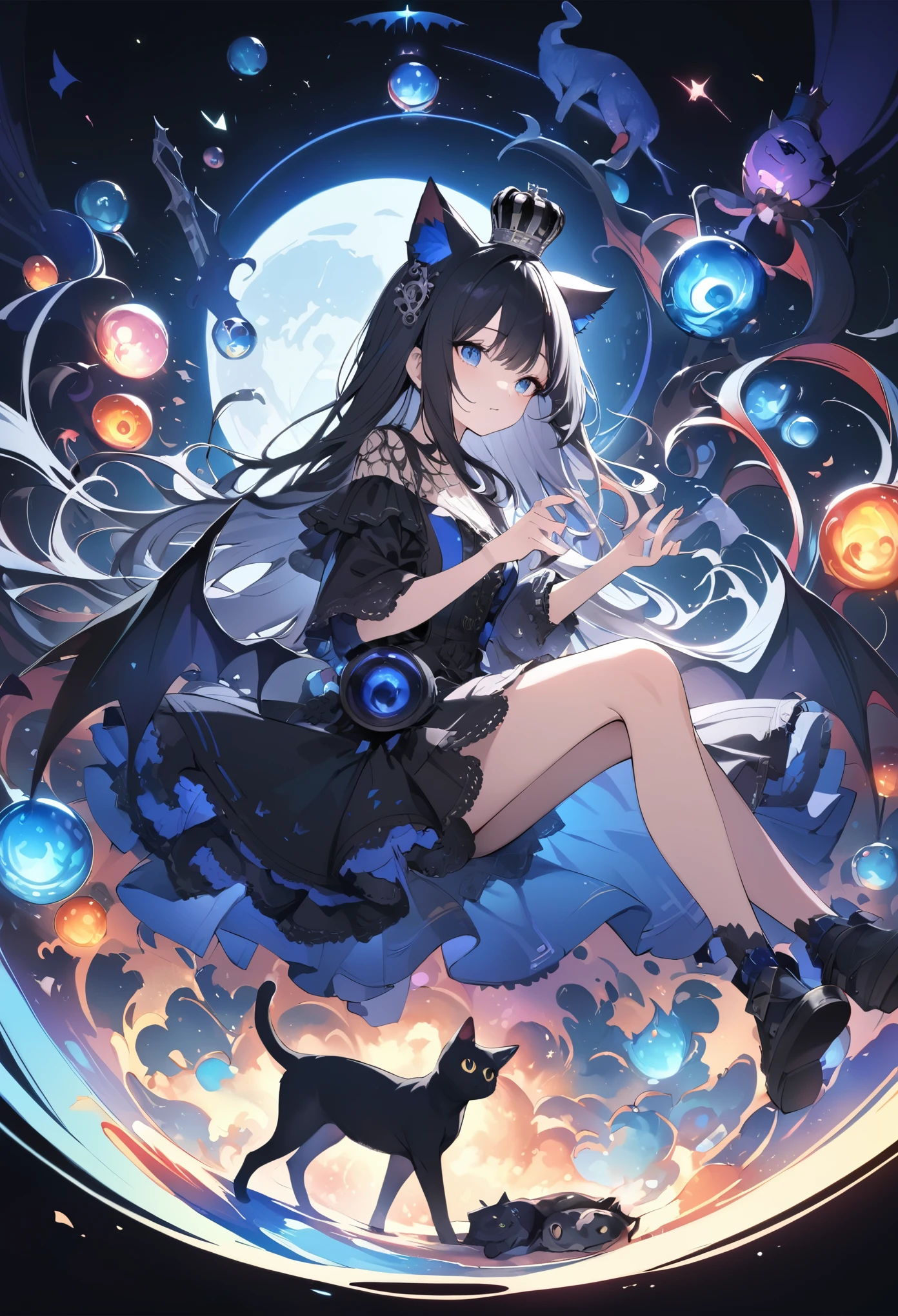 Succubus、Black Wings、Black Crown、girl、whole body、Black Hair、Cute black cat ears、beautiful青い目、Black Crown、Black and blue vampire wings、Glare、Also々funny Face、beautiful、blue Moon、Lots of blue light、Fantasy black cat，AmbiLight，The colors are vibrant and bright，Black background，mist，Detailed Description，Rich details，An explosion of imagination，Surreal，Ultra-realistic，masterpiece，8k，Light，Tyndall effect