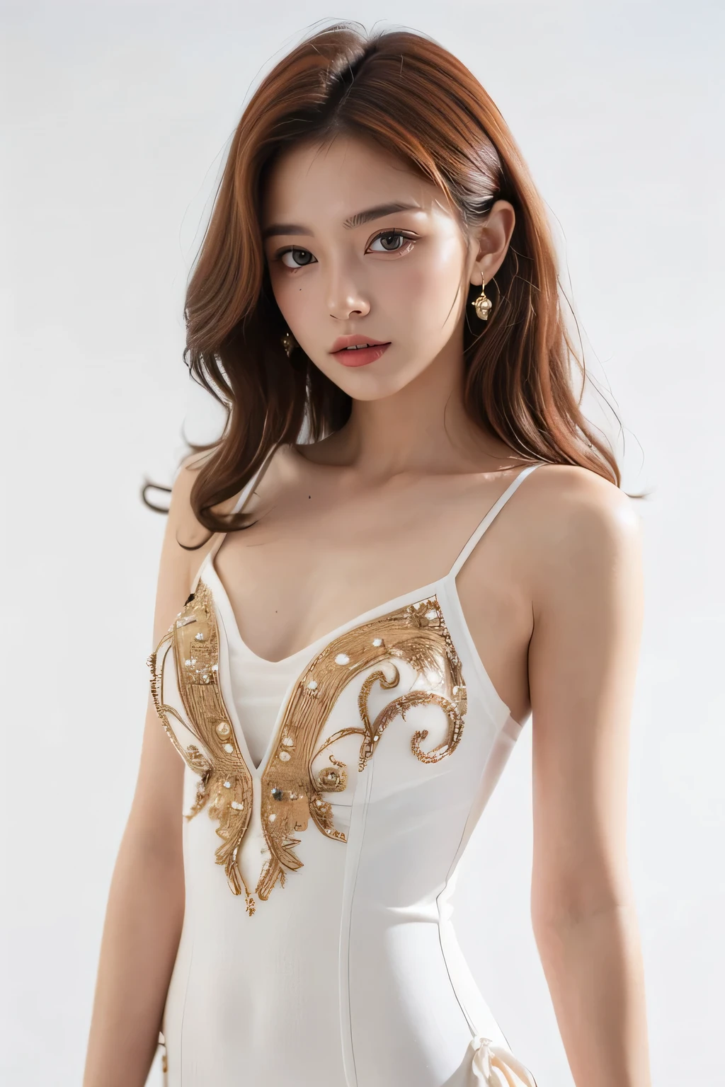 (Top quality, 8k, Masterpiece), 35mm lens, f/1.8, (upper body:1.5)
(cowboy shot:1.5), looking at viewer,
1girl, face, curly hair,red hair, wearing Embellished Multi Wear A-Line Mini Dress in White, dynamic poses, white background,