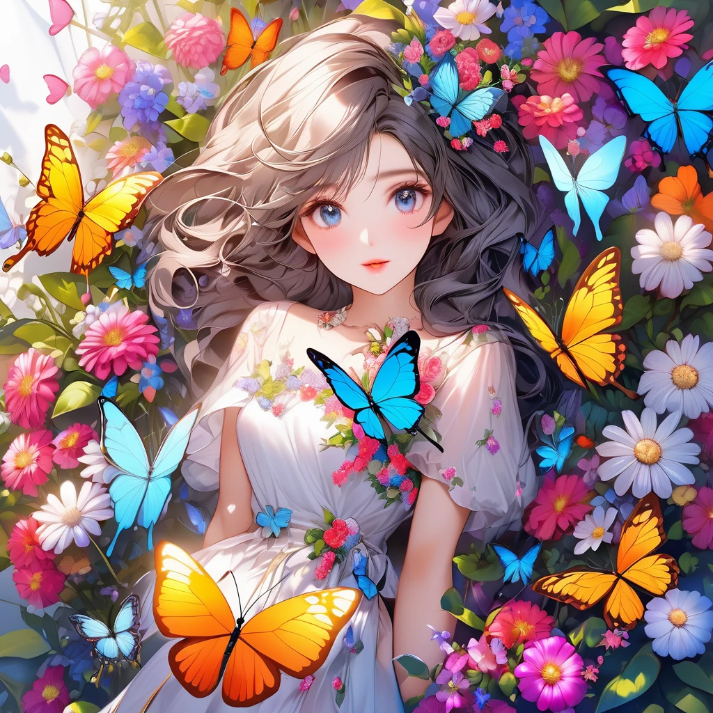 RAW Photos:1.2, masterpiece, highest quality, 16k, Unbelievably absurd, Very detailed, Perfect beauty, Beautiful cute girl, butterfly, Flowers, Vibrant colors, 