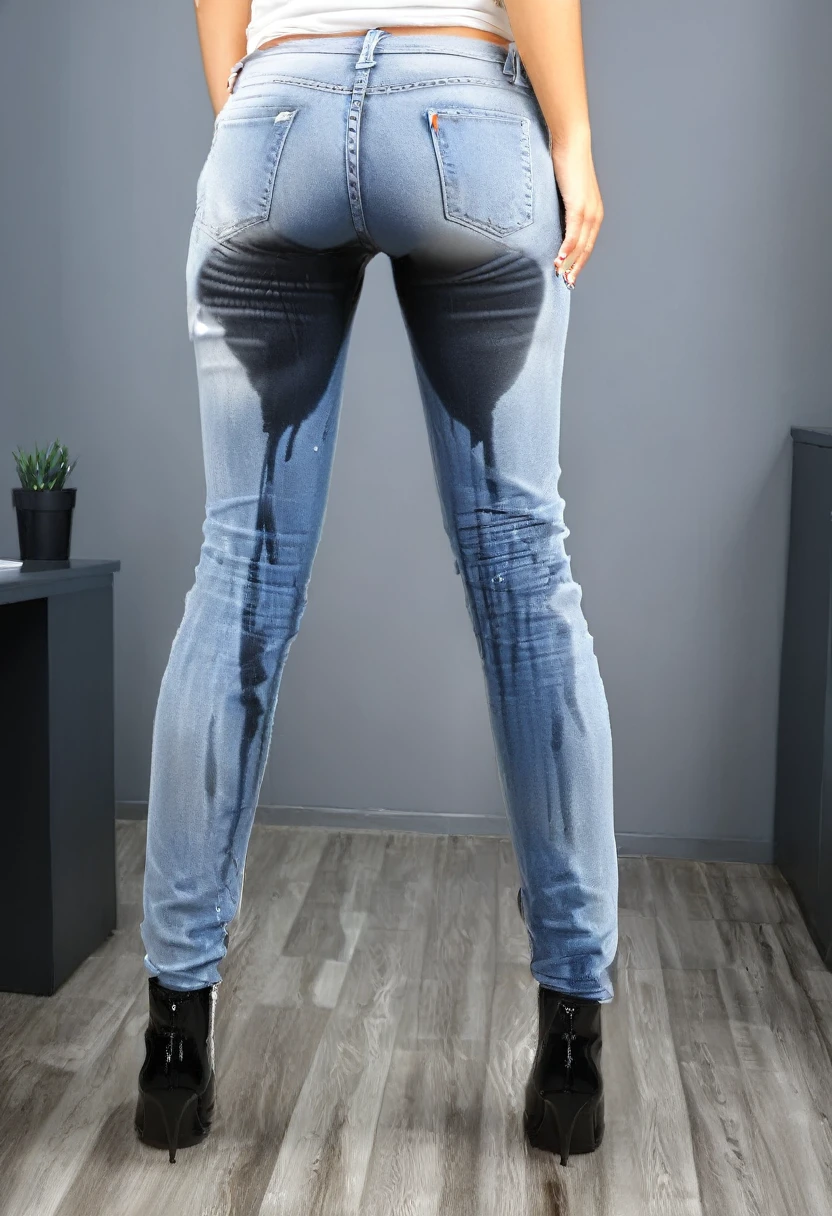 attractive blonde woman wearing skinny jeans, ankle boots, white blouse, standing in an office, wetting, (((rear view)))