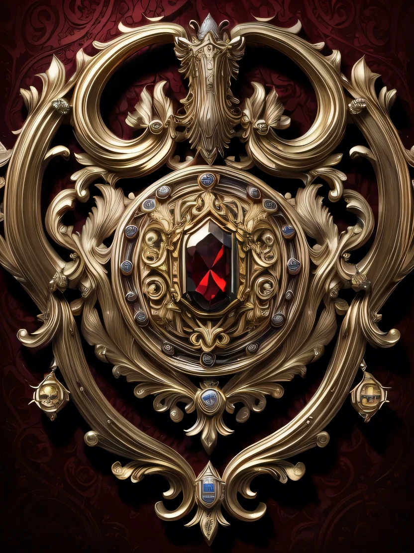 ((masterpiece、highest quality、Very detailed、Photorealistic、High resolution、Sharp focus))、((No humans))、((Elaborate coat of arms、garnet))、Smooth surface、Reflective surface、Shiny Gold、Symmetrical、Dynamic lighting、Scattered beneath the surface