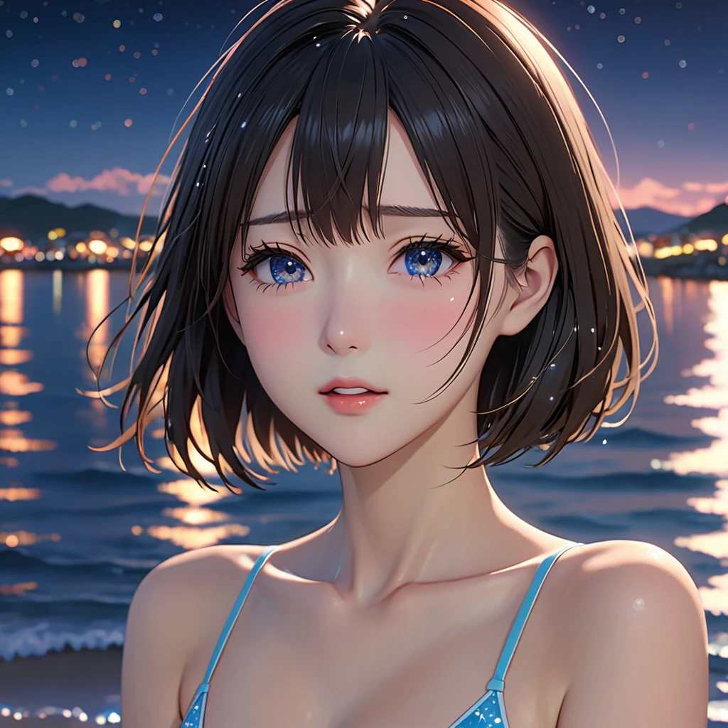 National Science Foundation,masterpiece,High resolution,8K,Art,digit,Three-dimensional,Realism,Kyoto Animation Style,your name movie style,Facing the camera,night,midnight,Light,at the seaside,(1 female: 1.3),(alone: 1.4),Bikini,Long eyelashes,Long thin legs,Short Bob,Sexy pose,Close-up of upper body,Close-up,night星空,Eyes as deep as the starry sky,Blushed,shy,shy,open mouth,(Tearing up)