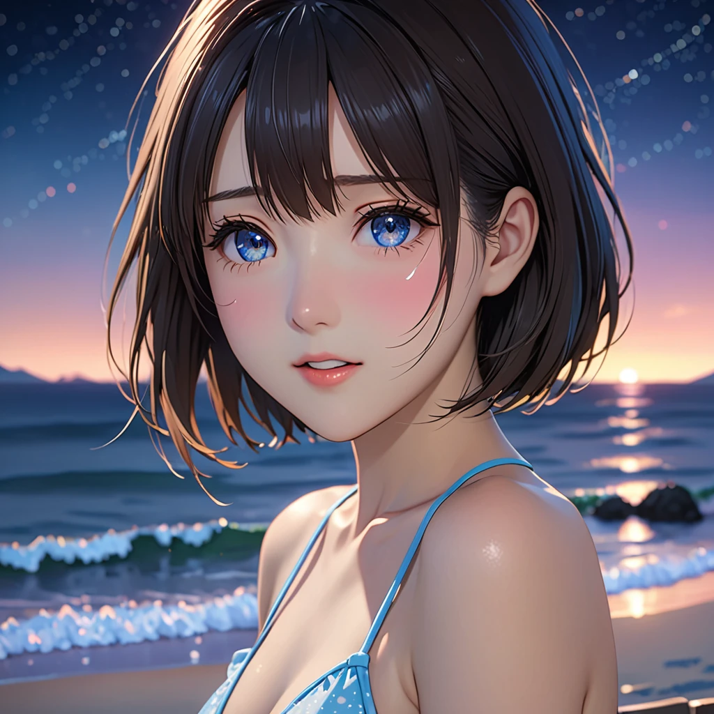 National Science Foundation,masterpiece,High resolution,8K,Art,digit,Three-dimensional,Realism,Kyoto Animation Style,your name movie style,Facing the camera,night,midnight,Light,at the seaside,(1 female: 1.3),(alone: 1.4),Bikini,Long eyelashes,Long thin legs,Short Bob,Sexy pose,Close-up of upper body,Close-up,night星空,Eyes as deep as the starry sky,Blushed,shy,shy,open mouth,(Tearing up)