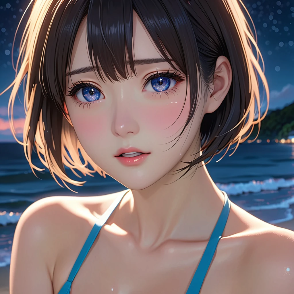 National Science Foundation,masterpiece,High resolution,8K,Art,digit,Three-dimensional,Realism,Kyoto Animation Style,your name movie style,Facing the camera,night,midnight,Light,at the seaside,(1 female: 1.3),(alone: 1.4),Bikini,Long eyelashes,Long thin legs,Short Bob,Sexy pose,Close-up of upper body,Close-up,night星空,Eyes as deep as the starry sky,Blushed,shy,shy,open mouth,(Tearing up)