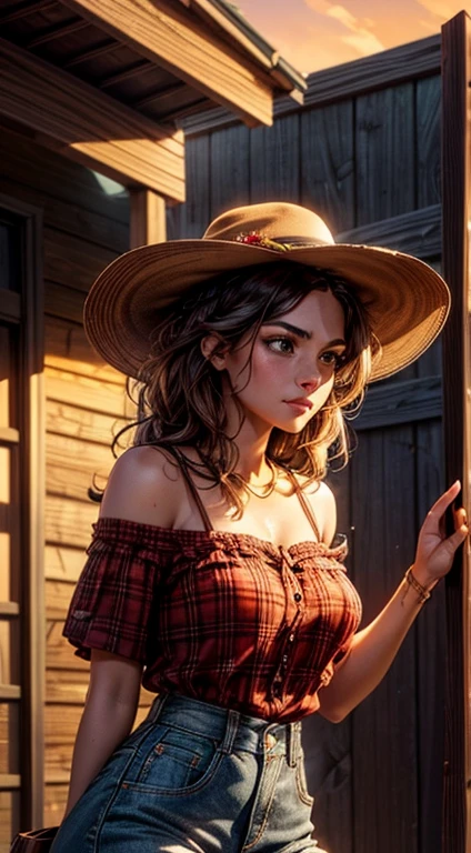 A beautiful woman in country style (red and black plaid style shirt, fitted shirt), standing out in a western town. Her tanned skin shines in the setting sun, “sweat”, radiant green eyes and wavy brown hair falls softly over her shoulders. She wears a brown cowboy hat, tight-fitting red and black plaid shirt, faded jeans, and embroidered leather boots. It is on a dirt street surrounded by typical western wooden buildings. The local saloon has swinging doors and a porch where the cowboys chat. The barbershop has a rotating plate and the blacksmith shop next door is active with the sound of hammering. Horses tied to wooden posts and a hay cart passing by complete the scene. The golden light of the sunset casts shadows and bathes the city in a warm glow, capturing the vibrant essence of the Old West.