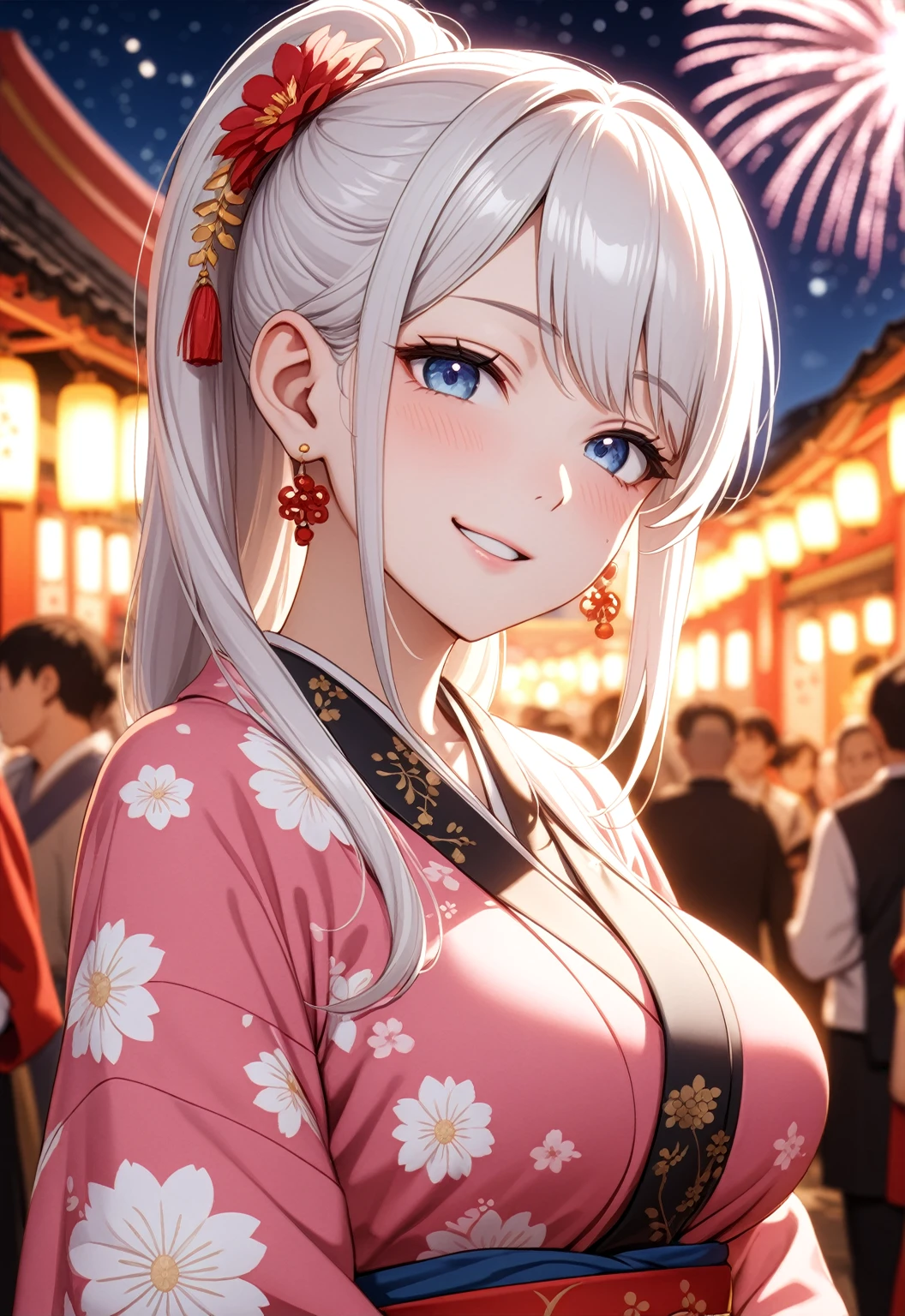 ((one personの女性)), Beautiful Face,Laugh shyly,((Wink:1.7)),Laughing with your mouth open,turn bright red,Glossy pink lips,night,Shrine festival stalls,firework,((Anime style background)),masterpiece, highest quality, so beautiful, up to date, Complex details, (Pink long nails),AI-generated, Complex,High resolution, highest quality, super high quality,3D Images、3D Images,one person,Long white hair,High Ponytail,blue eyes,Anime woman posing for a photo, [[Fine grain、Colorful eyes、Shining Eyes:1.15]],(Squint your eyes:1.1) ,(Looking into the distance), a hyperRealistic , hyperRealistic , Realistic,Long haired white haired anime woman, Smooth anime CG art, A woman in a colorful kimono with gold embroidery, (Black kimono),Red floral pattern,Long flower hair ornament,Big earrings,(Big Breasts:1.1),Mature Body,tall,Big Ass,Fine details,Tight waist,Abdominal muscles,(Face close-up:1.5),Tilt your face,Shooting from an angle