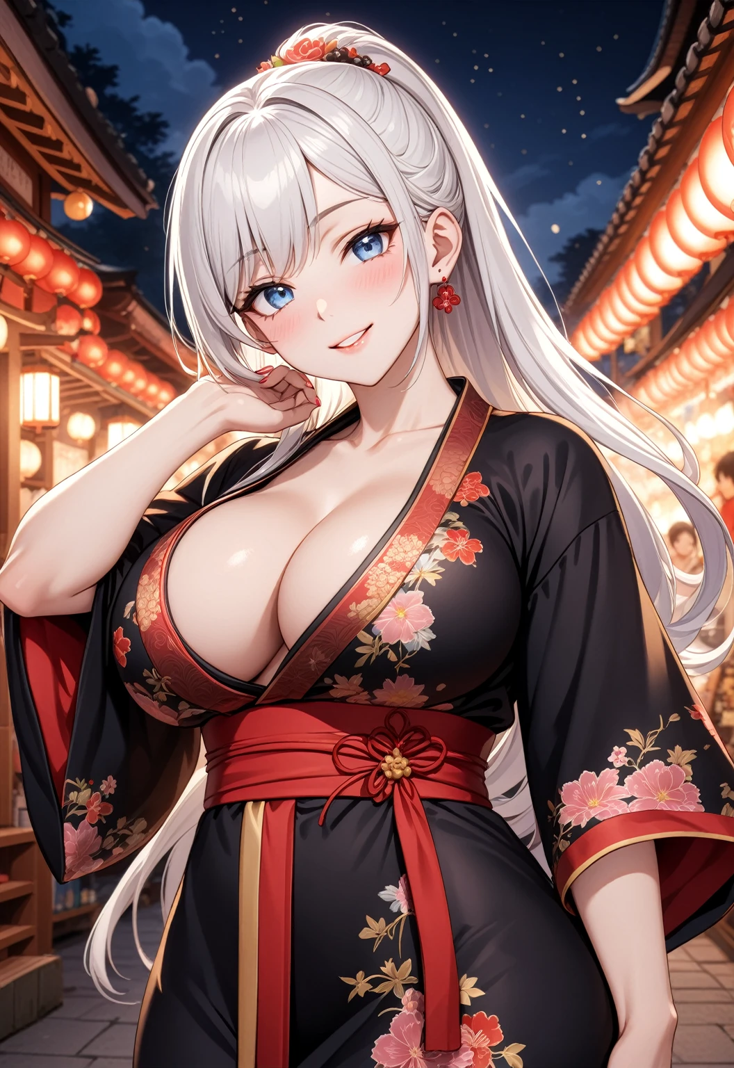 ((one personの女性)), Beautiful Face,Laugh shyly,((Wink:1.7)),Laughing with your mouth open,turn bright red,Glossy pink lips,night,Shrine festival stalls,firework,((Anime style background)),masterpiece, highest quality, so beautiful, up to date, Complex details, (Pink long nails),AI-generated, Complex,High resolution, highest quality, super high quality,3D Images、3D Images,one person,Long white hair,High Ponytail,blue eyes,Anime woman posing for a photo, [[Fine grain、Colorful eyes、Shining Eyes:1.15]],(Squint your eyes:1.1) ,(Looking into the distance), a hyperRealistic , hyperRealistic , Realistic,Long haired white haired anime woman, Smooth anime CG art, A woman in a colorful kimono with gold embroidery, (Black kimono),Red floral pattern,Long flower hair ornament,Big earrings,(Big Breasts:1.1),Mature Body,tall,Big Ass,Fine details,Tight waist,Abdominal muscles,(Face close-up:1.5),Tilt your face,Shooting from an angle