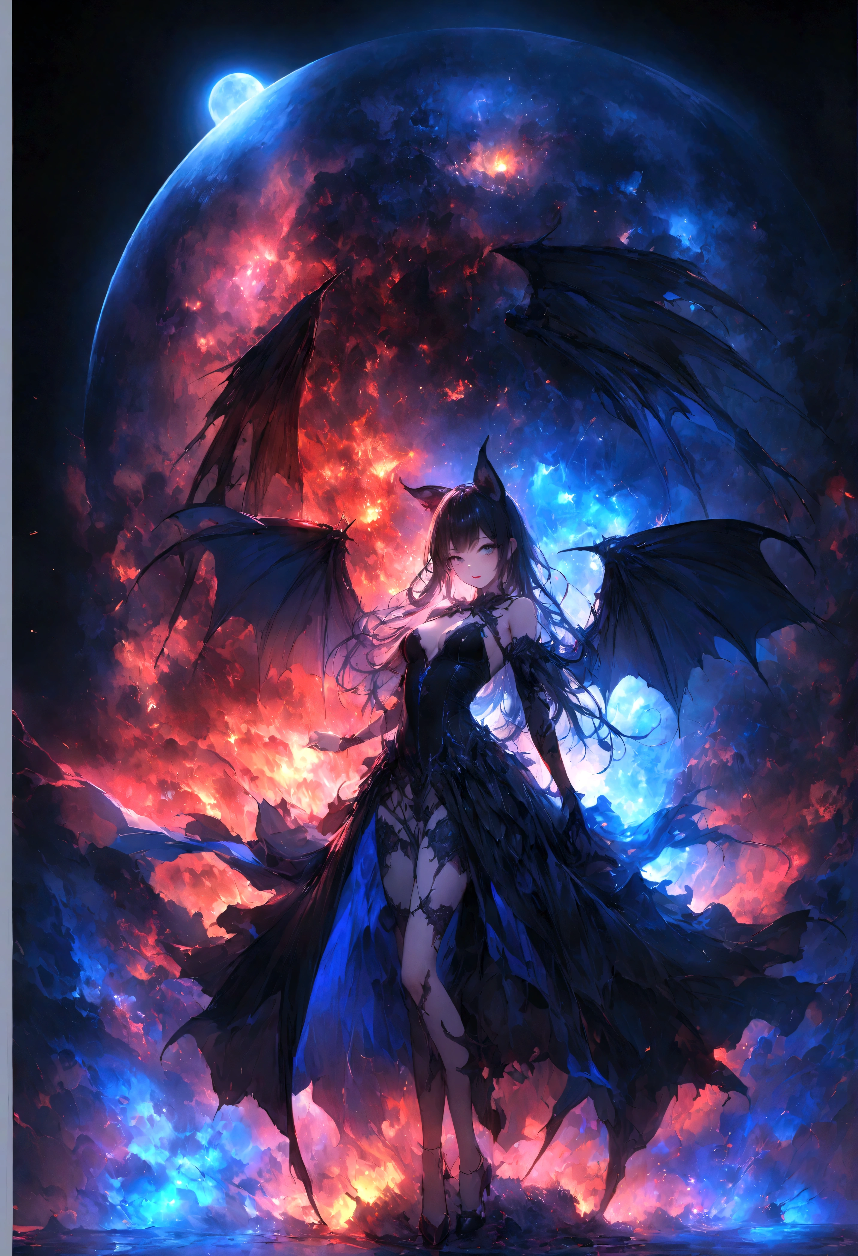 Succubus、Black Wings、Black Crown、girl、whole body、Black Hair、Cute black cat ears、beautiful青い目、Black Crown、Black and blue vampire wings、Glare、Also々funny Face、beautiful、blue Moon、Lots of blue light、Fantasy black cat,AmbiLight,The colors are vibrant and bright,Black background,mist,Detailed Description,Rich details,An explosion of imagination,Surreal,Ultra-realistic,masterpiece,8k,Light,Tyndall effect