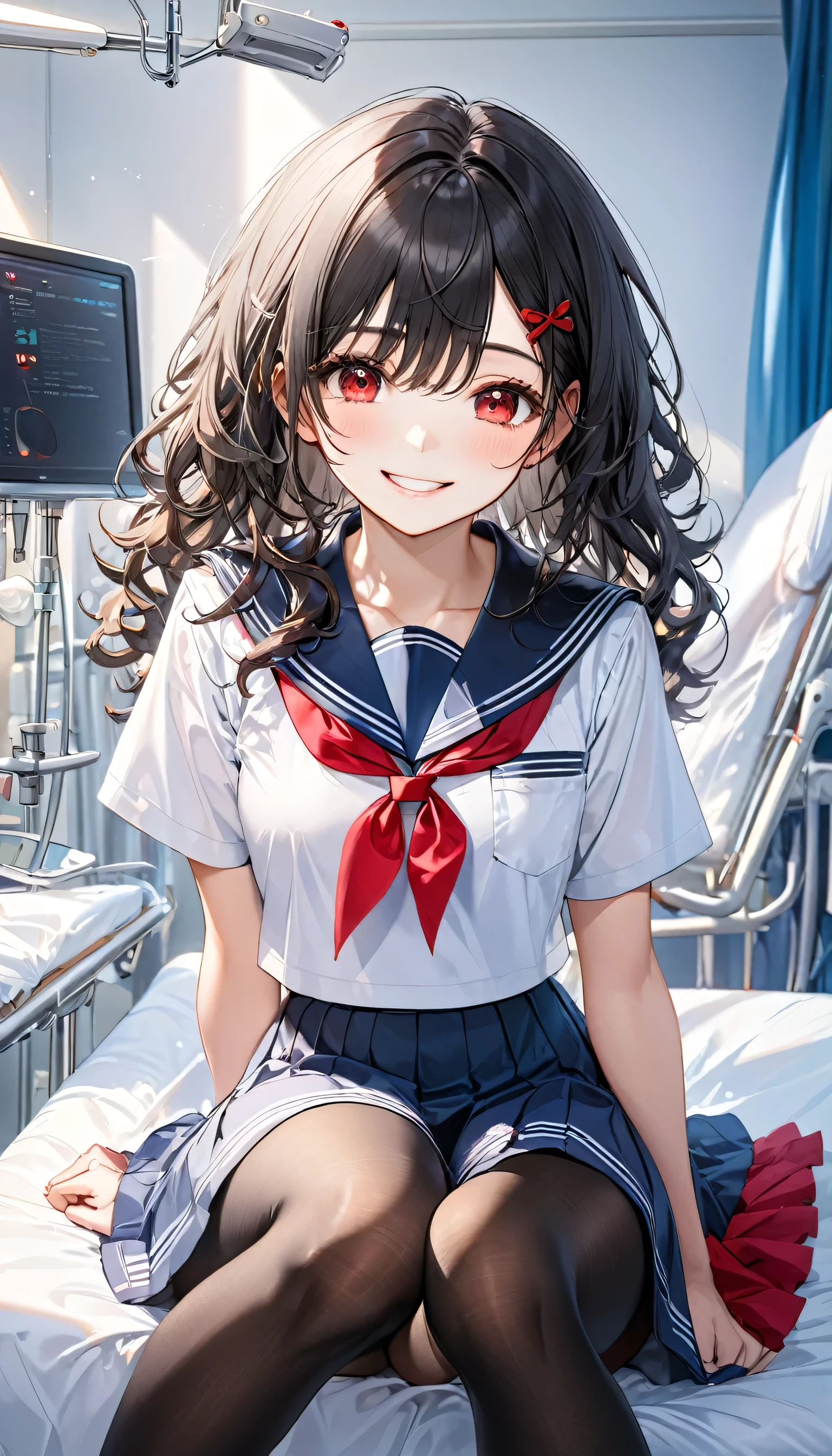 (visit style) (solo curly:1.3 black hair long hair lovely girl, lovely red eyes, grin,  yo, love smile), (in a school summer sailor suit, red ribbon, skirt, detailed black tights), BREAK, (in the hospital bedroom, holding own leg sit on bed), focus leg, perfect anatomy, masterpiece, best quality, 16k, beautiful detailed grow, daydreaming expression.