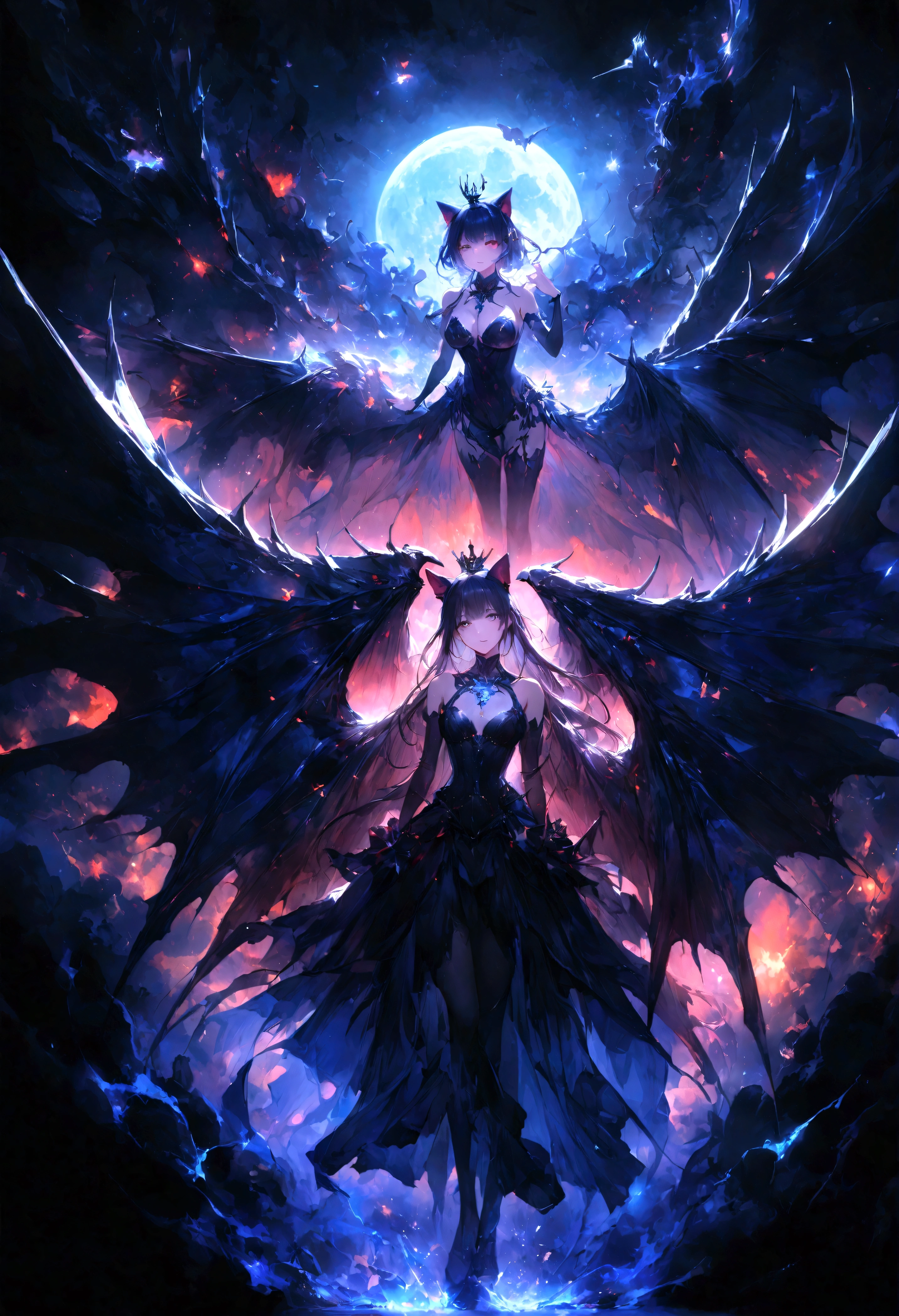 Succubus、Black Wings、Black Crown、girl、whole body、Black Hair、Cute black cat ears、beautiful青い目、Black Crown、Black and blue vampire wings、Glare、Also々funny Face、beautiful、blue Moon、Lots of blue light、Fantasy black cat，AmbiLight，The colors are vibrant and bright，Black background，mist，Detailed Description，Rich details，An explosion of imagination，Surreal，Ultra-realistic，masterpiece，8k，Light，Tyndall effect