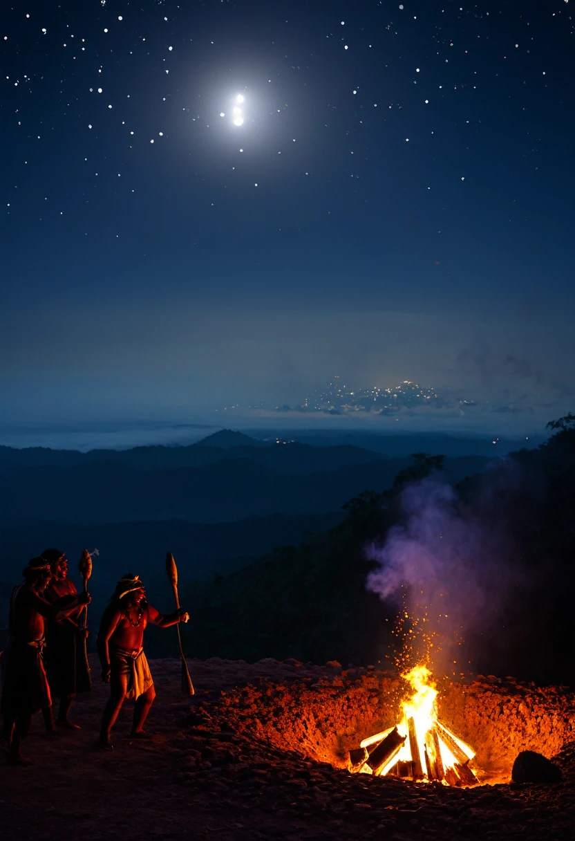 "Una escena que muestra a la tribu Zotzil robando el fuego bajo el humo, with a bat god called Chamalcán in the background. Varias tribus ofreciendo sacrificios a Tohil, while Balam-Quitze, Balam-Acab, They observe Mahucutah from Iqui-Balam from Tulán-Zuiva. En el cielo, la estrella brillante Icoquih precede al sol naciente." Todo esto es la oscuridad, total oscuridad, the sky is black and the BAT GOD is very important