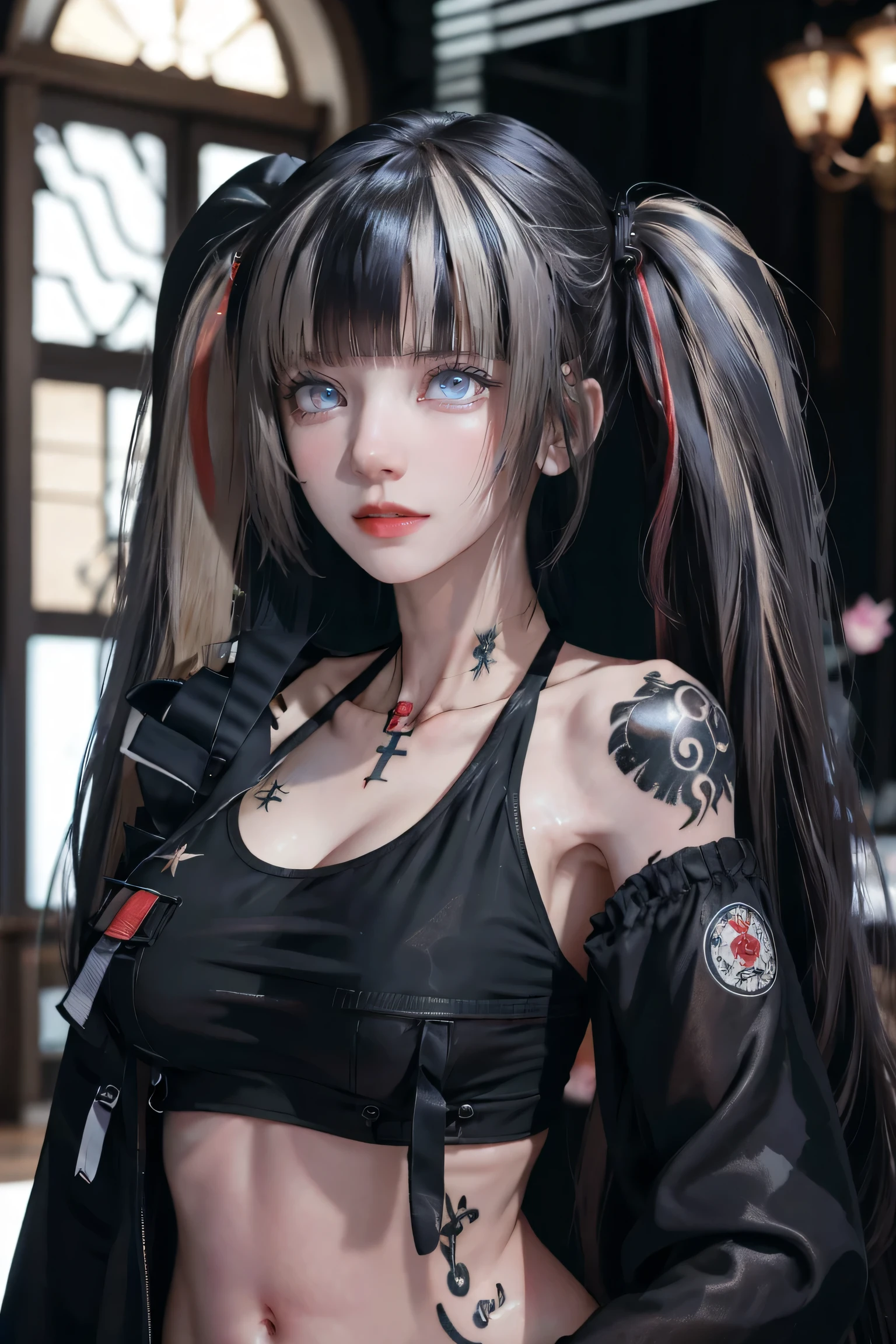 cyber punk_(series) cyber punk_Edgerunners Rebecca_(cyber punk) High resolution，Black eye，Jacket Tattoo，open_Clothes open_jacket petals pink_Tattoo Red_eye red_Sclera Signature Solo Stomach_Tattoo Symbols_in_eye tattoo twintails twitter_Username White_skin yellow_eye，Large Breasts(NSFW:0.7)