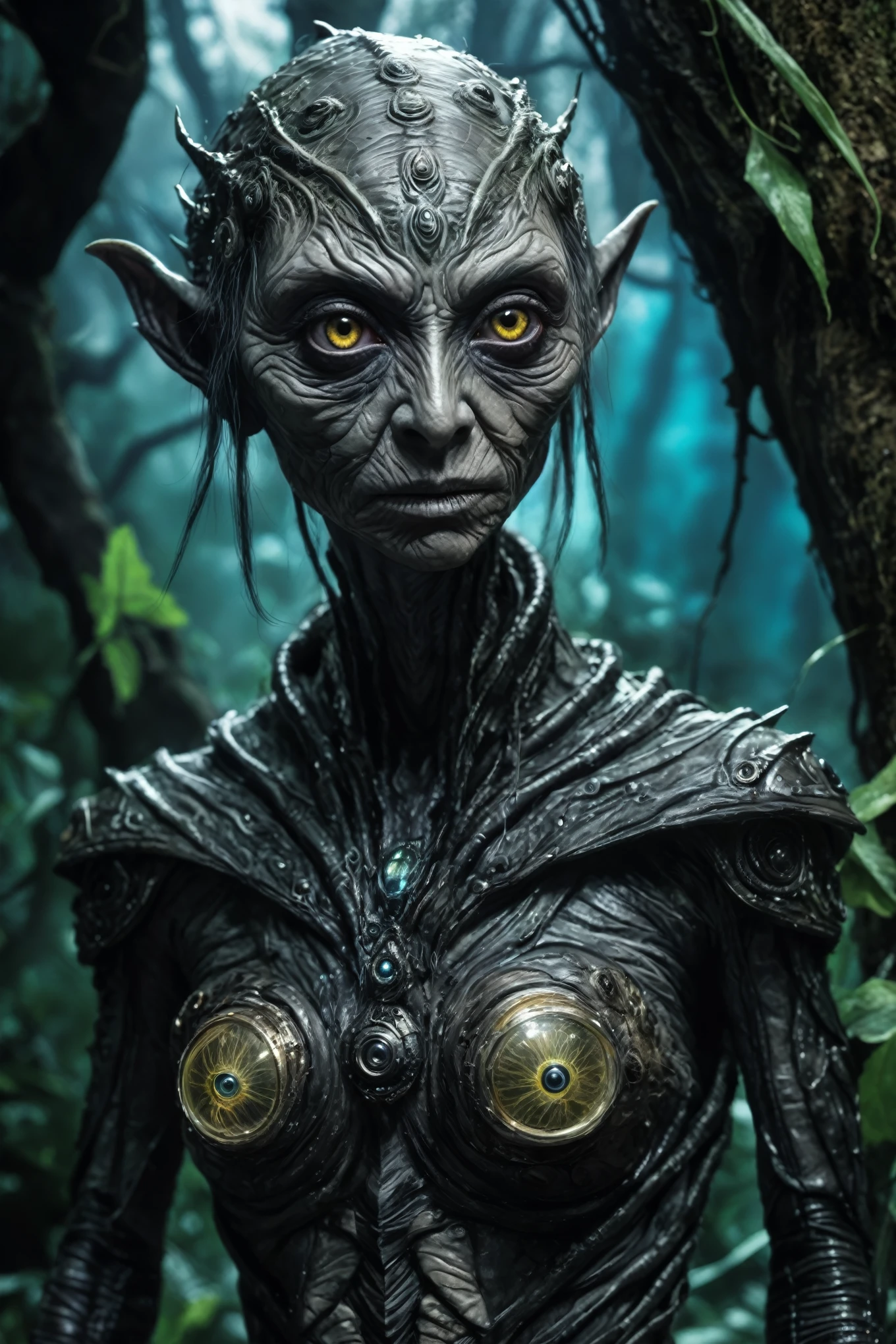 fullb body shot,beggar niobium graphite mummy of Alien Entity,native italian sparas, wants eat,survival in criminal city of future,Cinematic,soft colors, Technicolor,natural skin textures, hyper realism, hyper detailed,Extremely detailed,High contrast,Masterpiece,Realistic,Ultra Detailed, intricate details,realistic humid leather,extremly intricate,Epic Realistic, cinematic style, irina yermolova,high contrast,hdr,extremely detailed, [deep night landscape],masterpiece, intricate details, eyes extremely detailed, high detailed eyes,8k resolution,retina, Nikon Z9,Korea,orc,Li River in Guangxi Zhuang of Italia, Pisces, pointed ears，perfect, Elf，transition between two art styles, Double contact, X-ray, Creative, vivid light, fantasy, Abstract, Surrealism, super detailed, high resolution, trap against fairies between trees,insanity wear
