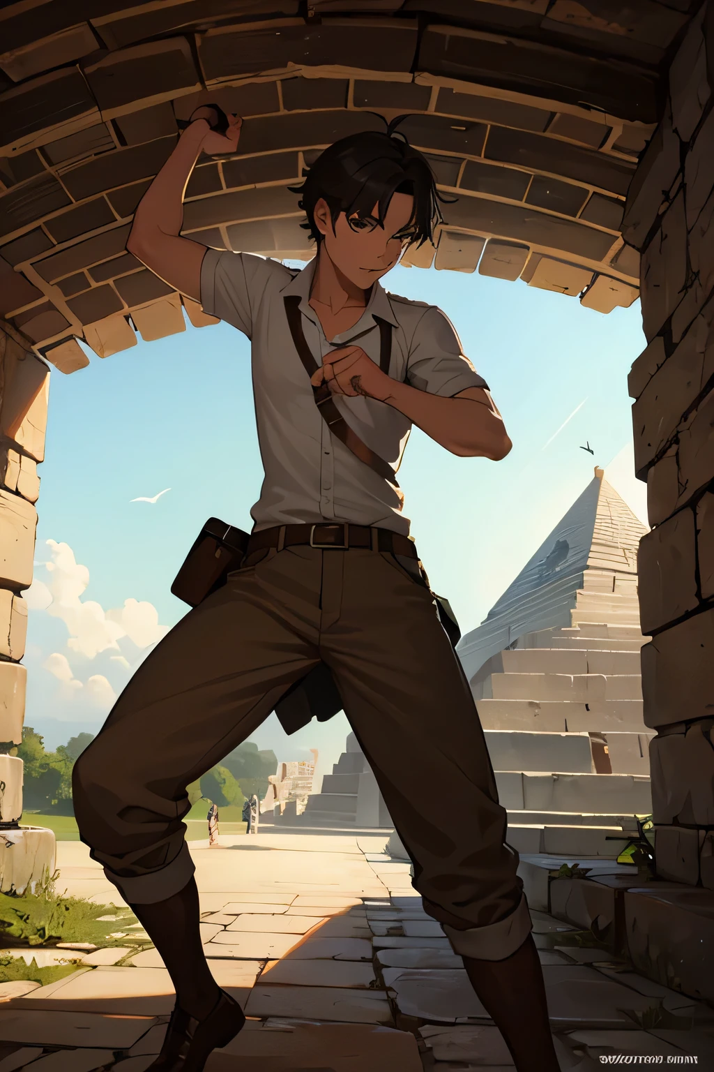 Young 18-year-old archaeologist baron fleeing the pyramid in Mexico 