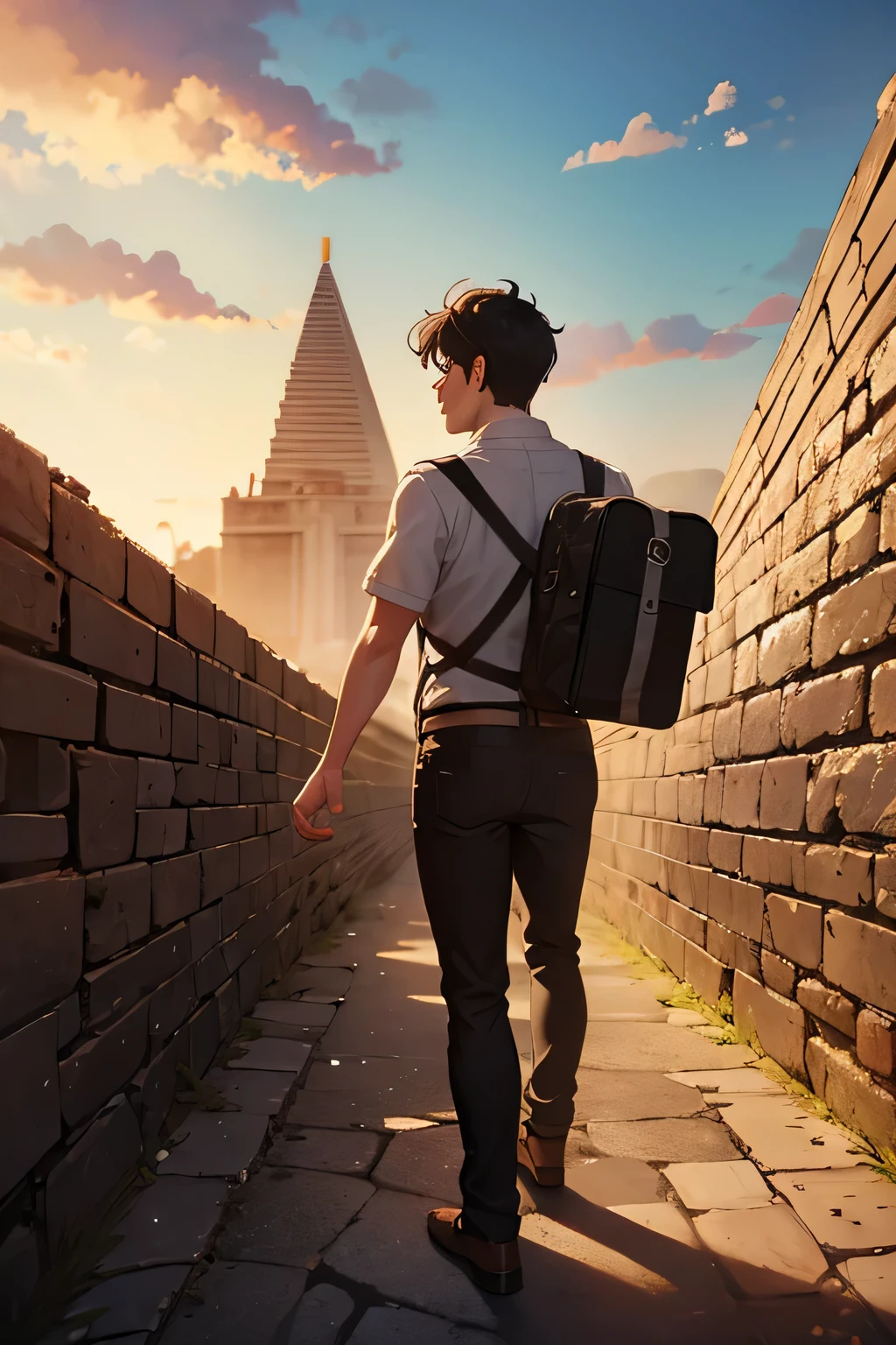 Young 18-year-old archaeologist baron fleeing the pyramid in Mexico