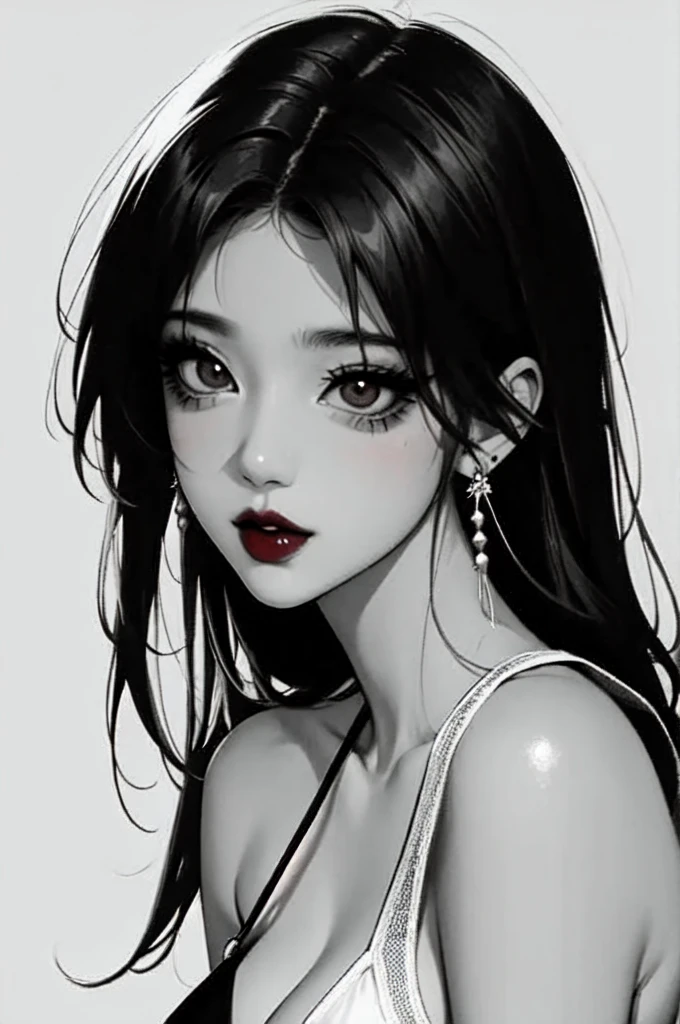 Anime character Tomie from junji ito, solo, school short uniform, lipstick, red lips, long hair, dress, plunging neckline, makeup, monochrome, white background, earrings, cleavage, jewelry, upper body, spot color, hair over shoulder,dark theme,shiny,shiny skin,milf,(mature female:1.2),