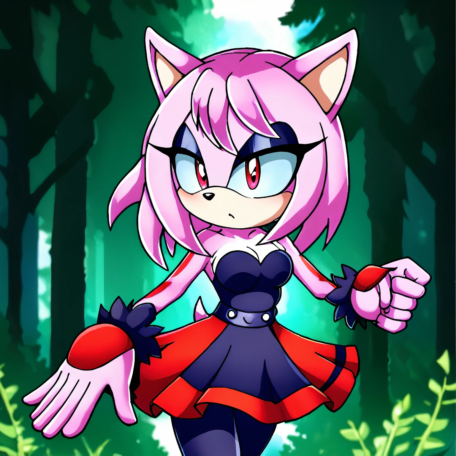 Female Hedgehog, daughter of Shadow, (1girl), (solo), pink fur, quills curved up similar to her father Shadow, side locks, red stripes on quills, body, red patches of fur around eyes, red eyes, 3 large hair bangs, purple strapless dress with white stripes on the sides, medium breasts, eyelashes, tough expression, forest, daytime, mobian, mobius city, short leggings
