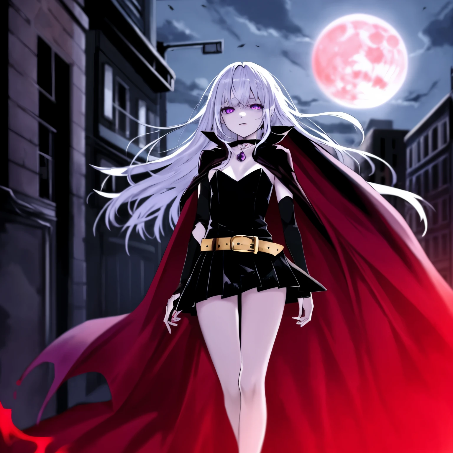 vampire, perfect body shape, small breast, skirt, strapless dress, (royal cape: 1.5), black and purple, devil aura, original character, masterpiece, purple eyes, white hair, walking, blood moon, destroyed city street, purple gem accessories, golden belt, choker, windy and evil effect, soft moonlight focus, corruption, extremely delicate and beautiful eyes