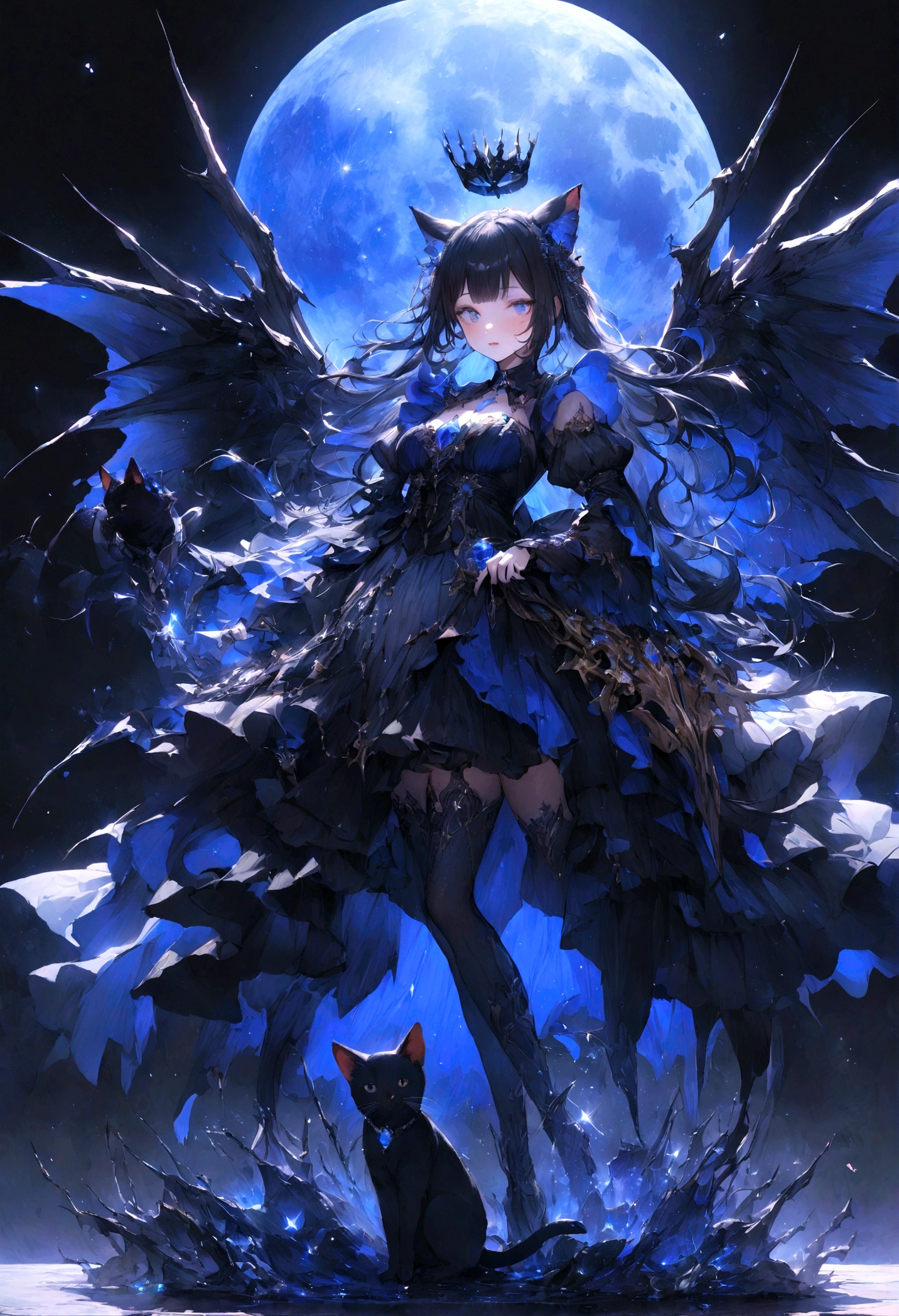 Maid、Black Wings、Black Crown、girl、whole body、Black Hair、Cute black cat ears、beautiful青い目、Black Crown、Black and blue vampire wings、Glare、Also々funny Face、beautiful、blue Moon、Lots of sparkling lights、gem、Lots of blue light、Fantasy black cat,AmbiLight,The colors are vibrant and bright,Black background,mist,Detailed Description,Rich details,An explosion of imagination,Surreal,Ultra-realistic,masterpiece,8k,Light,Tyndall effect
