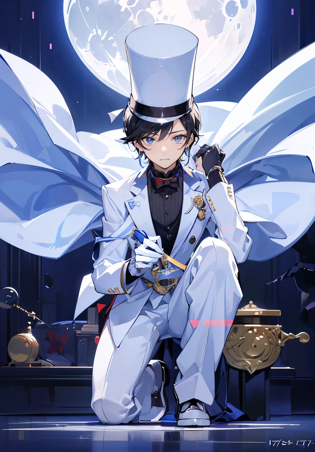 (Mastepiece), (Best Quality), Very detailed, (( boy:1.5)), Perfect Face, Beautiful Face, Very detailedな顔,Black Hair、Short Hair,Thief、White suit、White Top Hat、White gloves、Monocle、Trump、White Moon