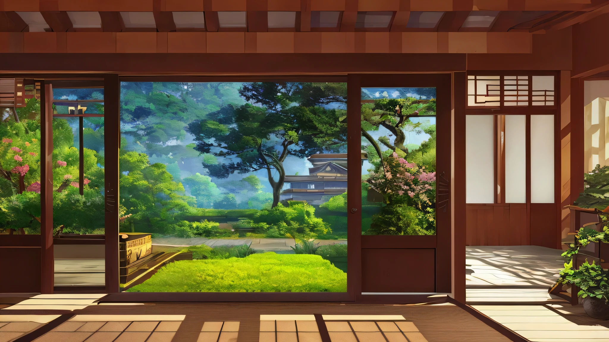 Craft a masterpiece, a meticulously detailed landscape painting, showcasing a traditional Japanese farmhouse nestled amidst a verdant expanse. The house, seen from afar, radiates an air of tranquility and nostalgia. Lush greenery blankets the foreground, punctuated by blooming flowers in a riot of colors, creating a harmonious blend of nature's bounty.

Warm, gentle sunlight bathes the scene, inviting viewers into this serene sanctuary. The sunlight, a golden applause, illuminates the farmhouse and its surroundings, casting long shadows that only enhance the scene's warm and inviting atmosphere. The background, a clear