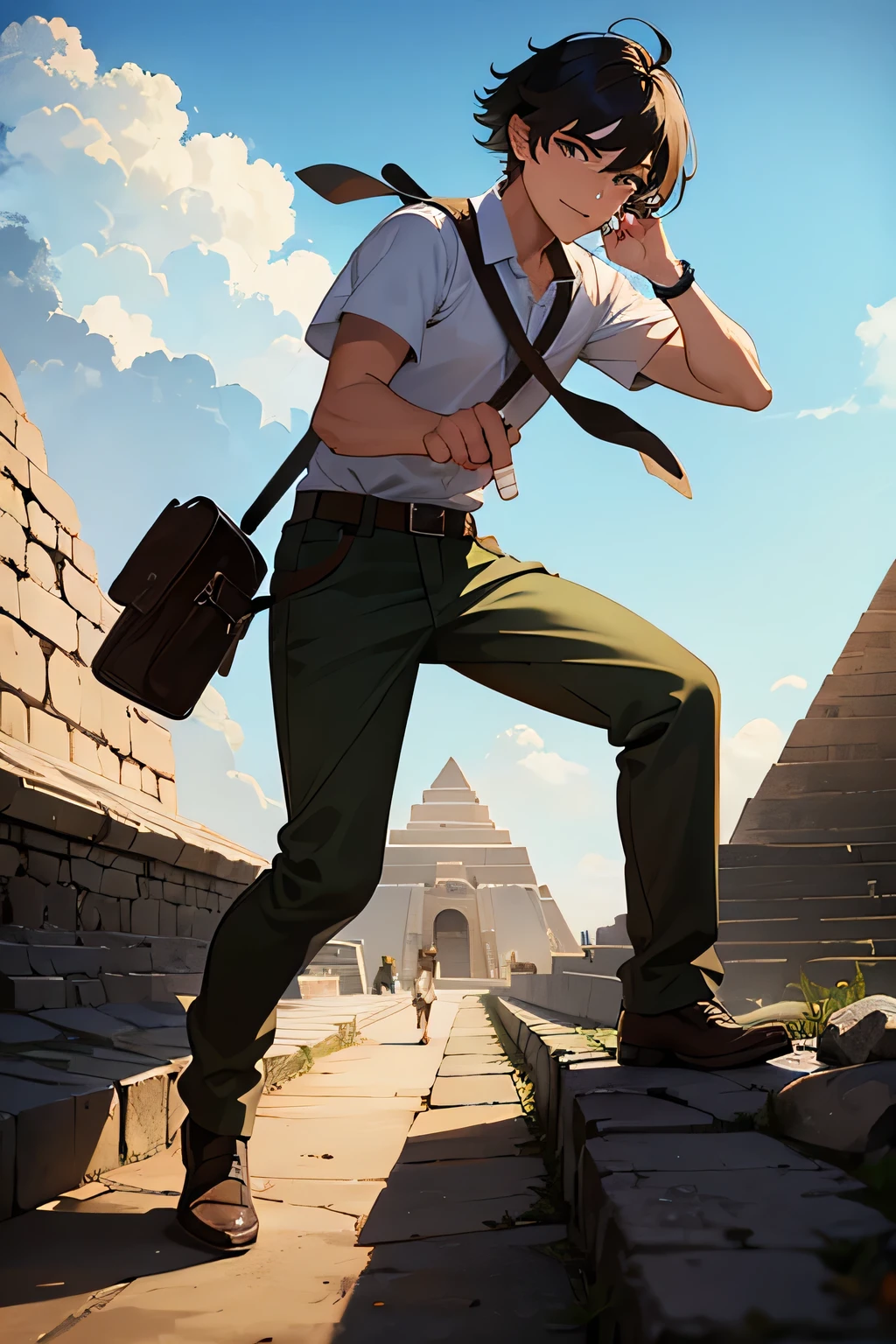 Young 18-year-old archaeologist baron fleeing the pyramid in Mexico