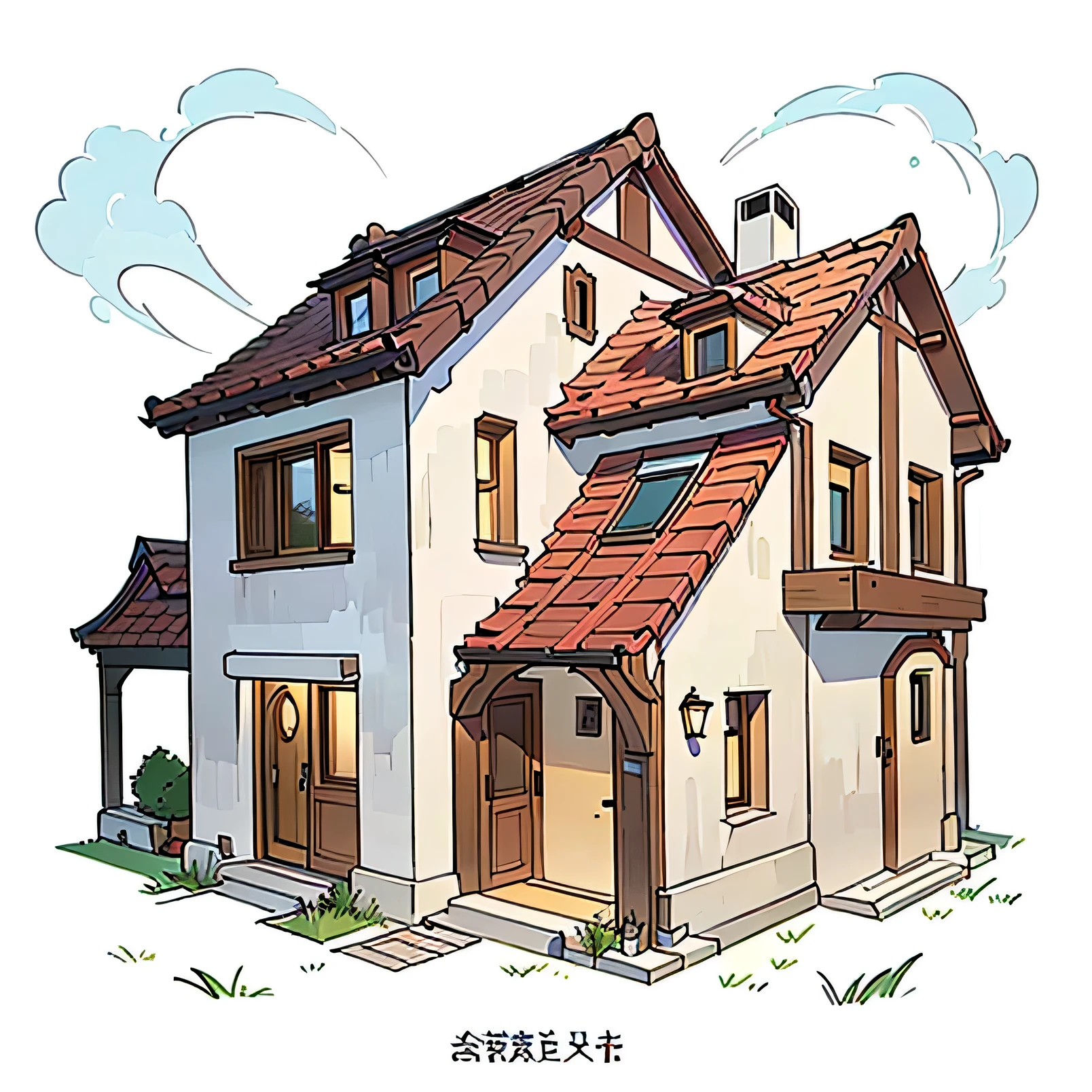 Second dimension style,Villa compound,There is grass in front of the door,Marble pavement